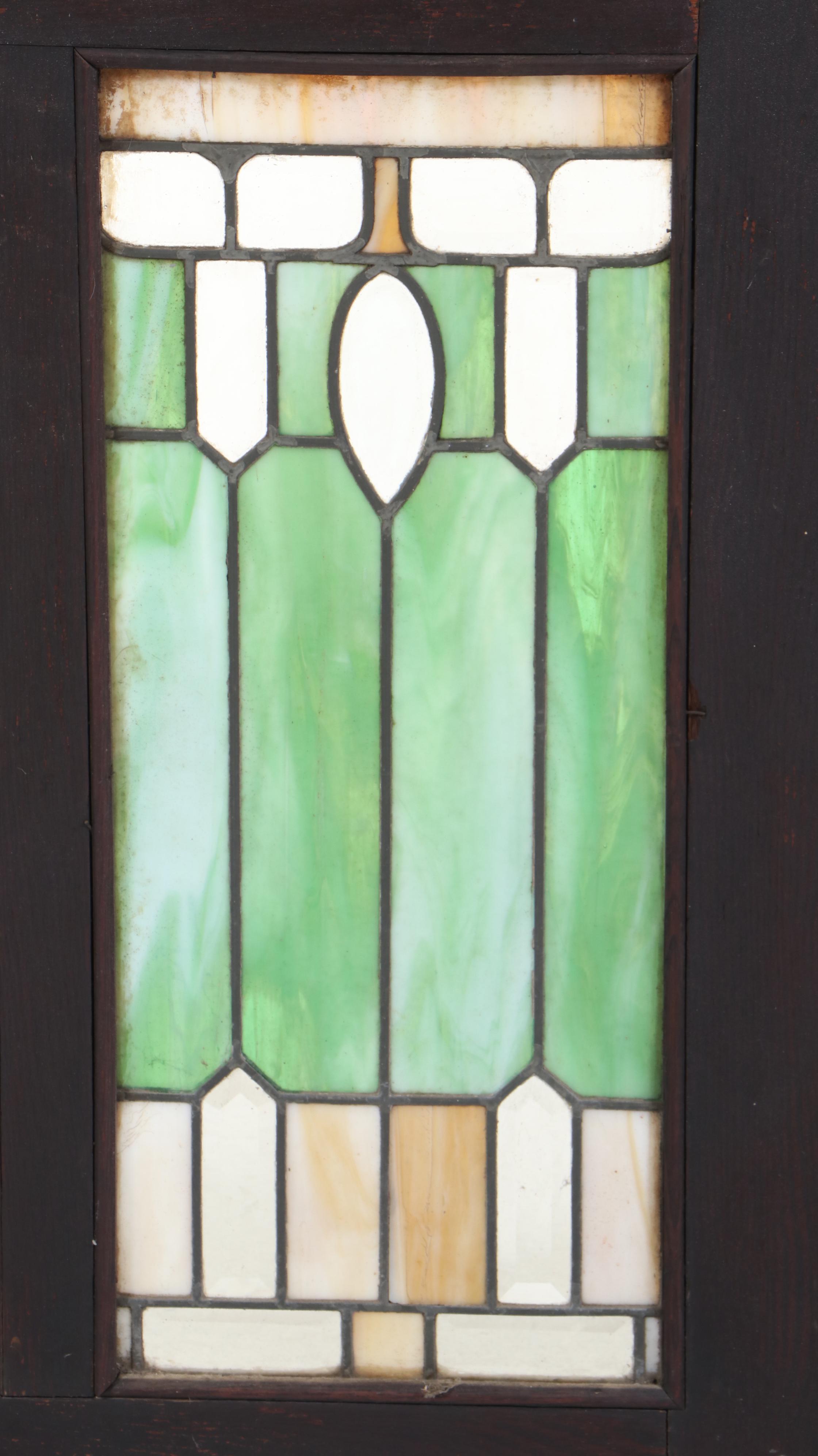 American Oak and Stained Glass Tripartite Window Panel, Early 20th Century