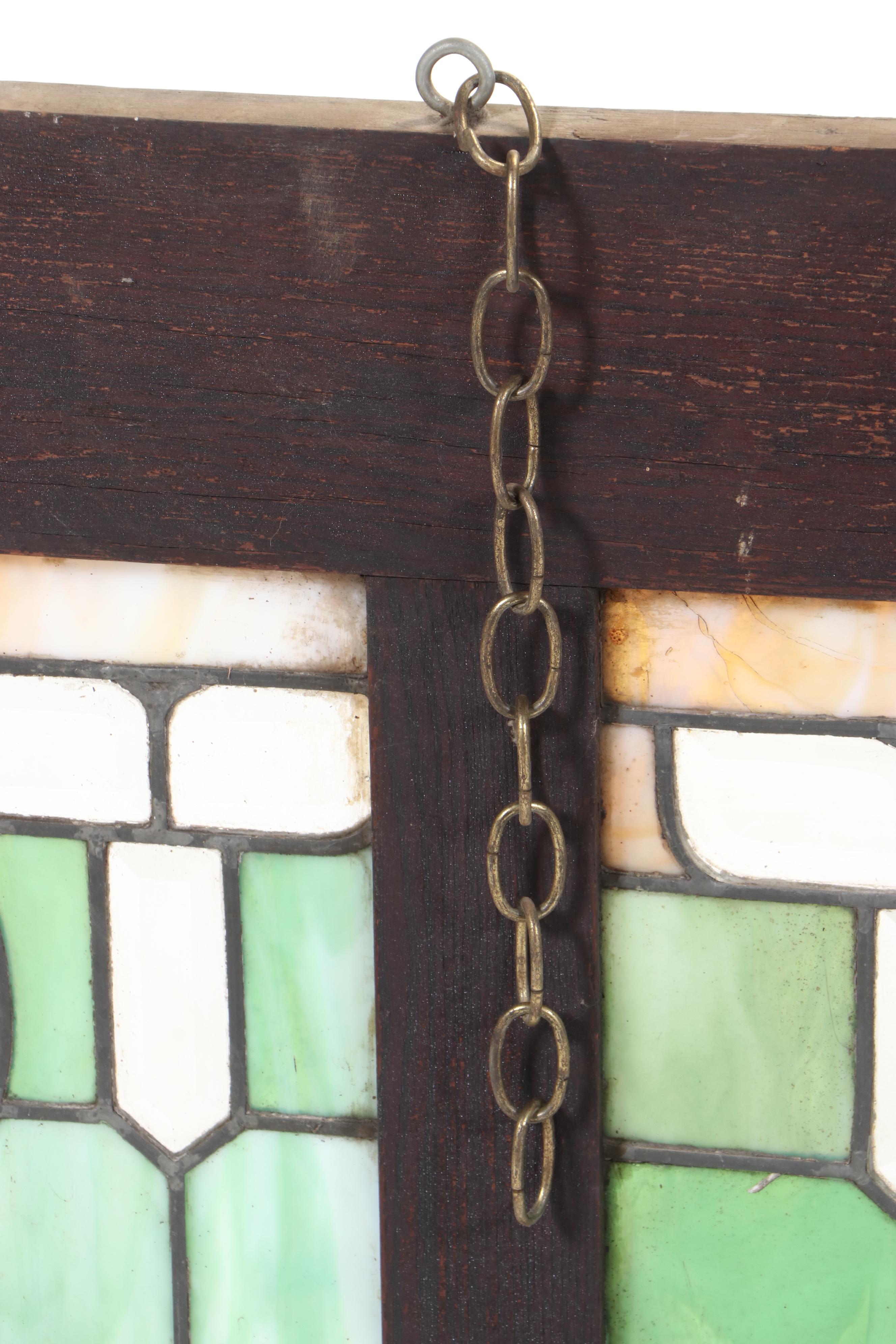 American Oak and Stained Glass Tripartite Window Panel, Early 20th Century