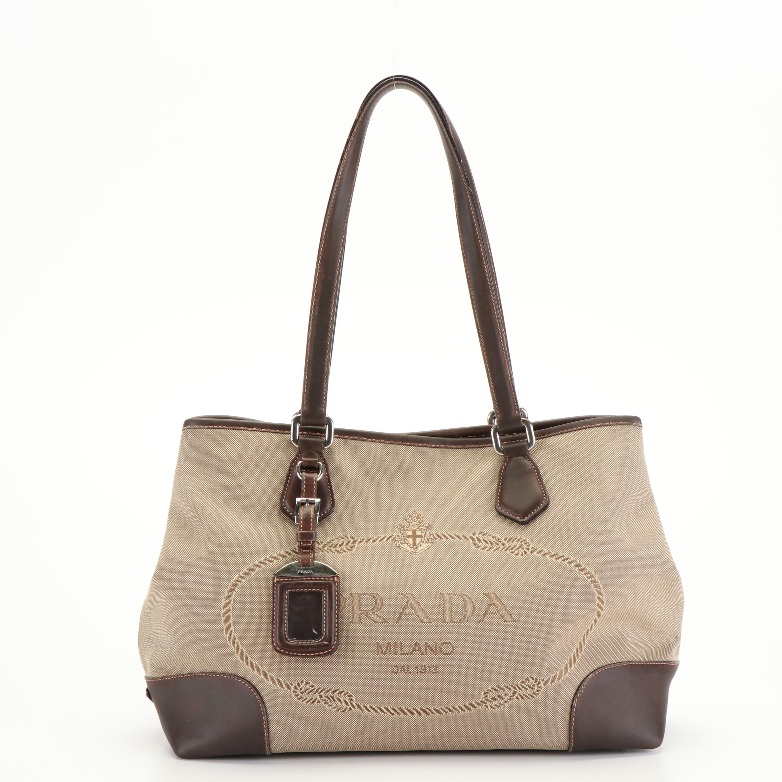 Prada Canapa Logo in Brown Jacquard and Leather Tote