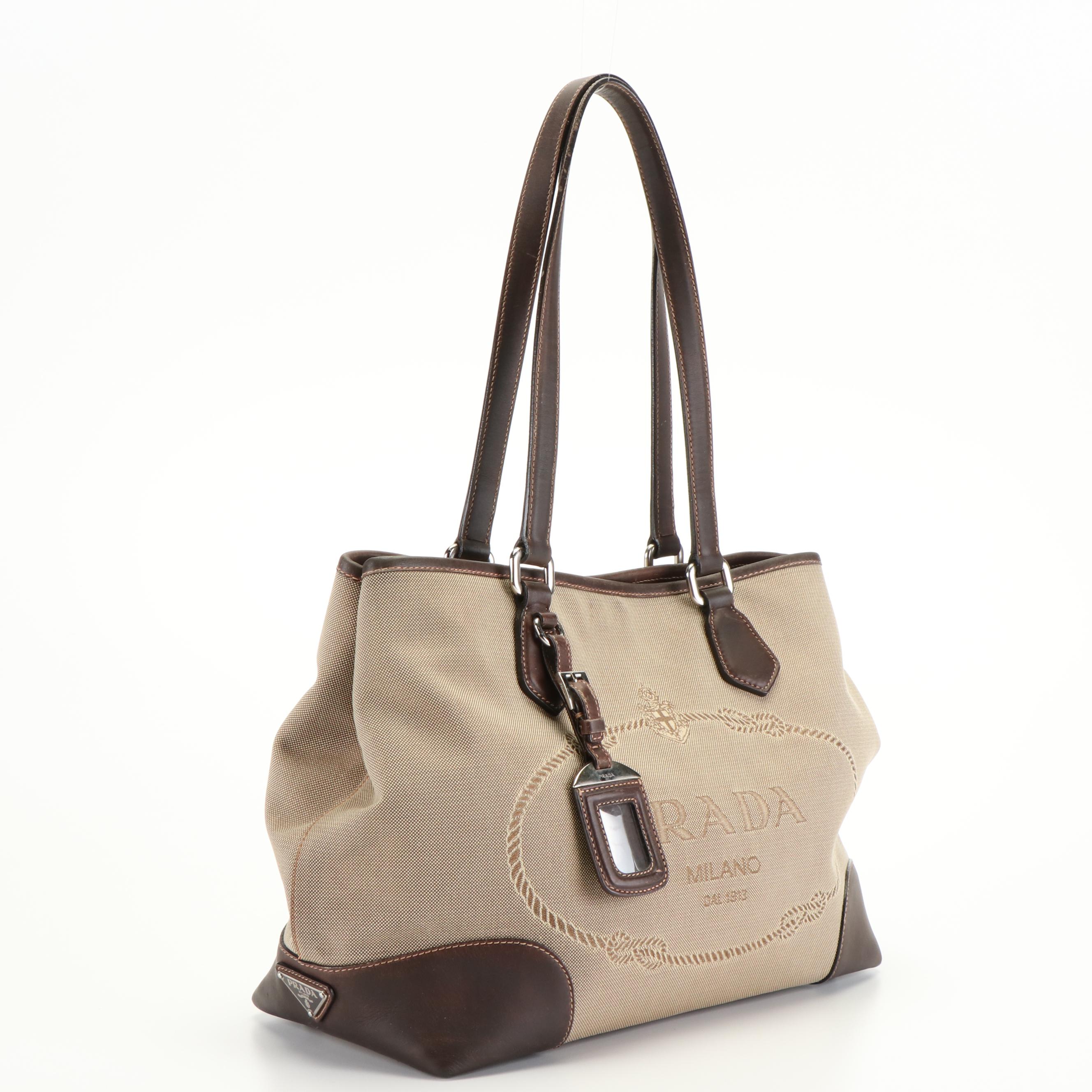 Prada Canapa Logo in Brown Jacquard and Leather Tote