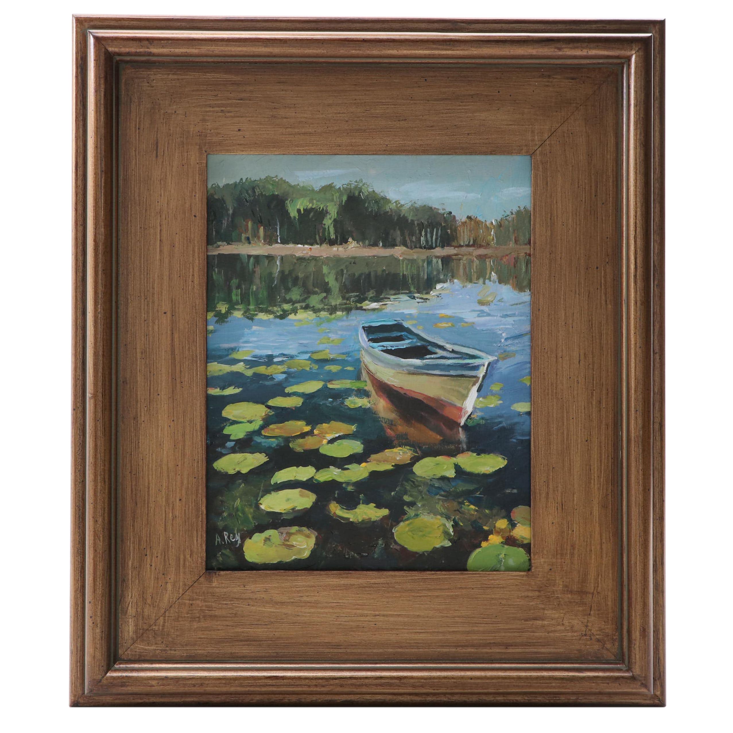 Agnes Rey Landscape Oil Painting with Boat on Lily Pond