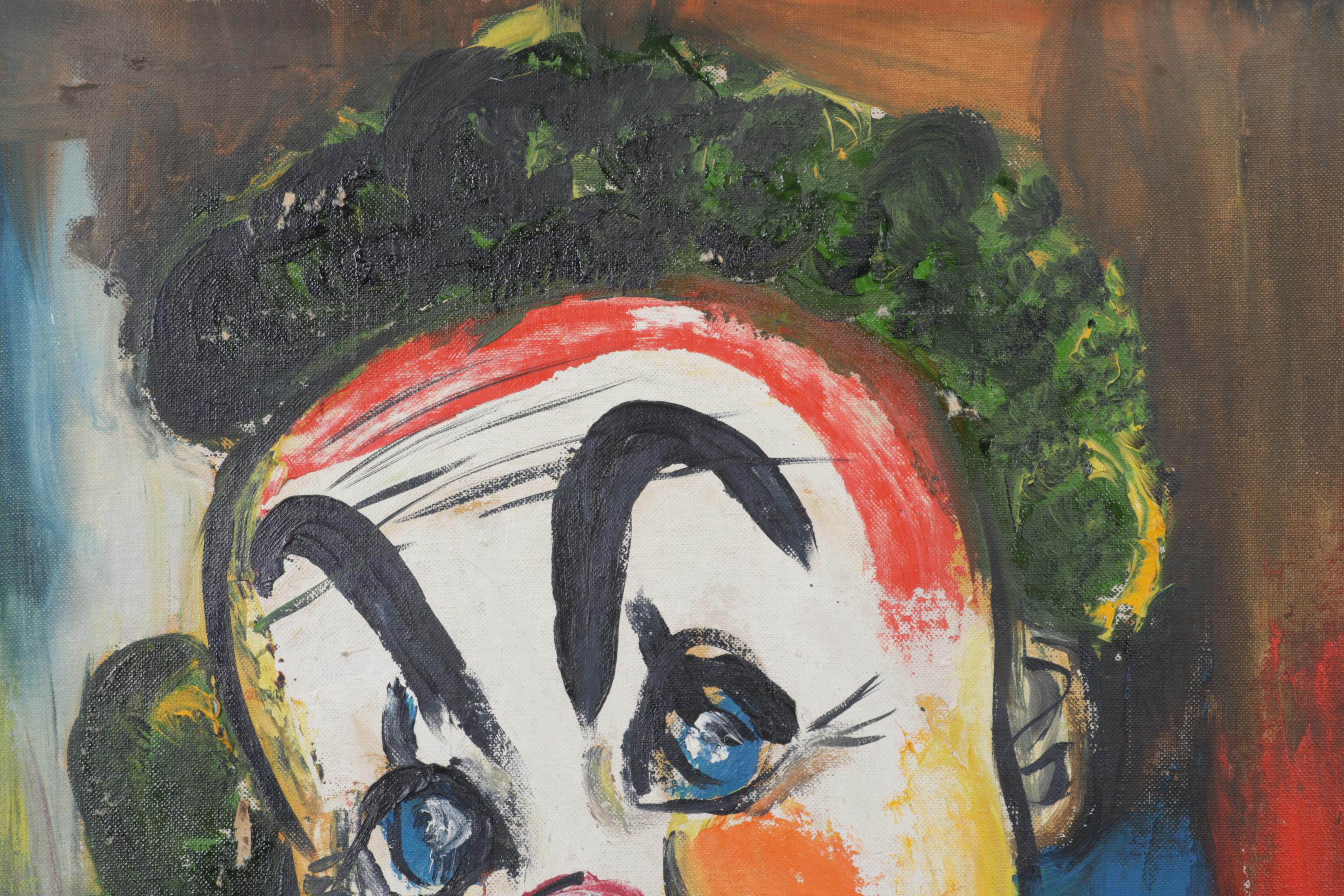 Portrait Oil Painting Of Clown, Mid to Late 20th Century