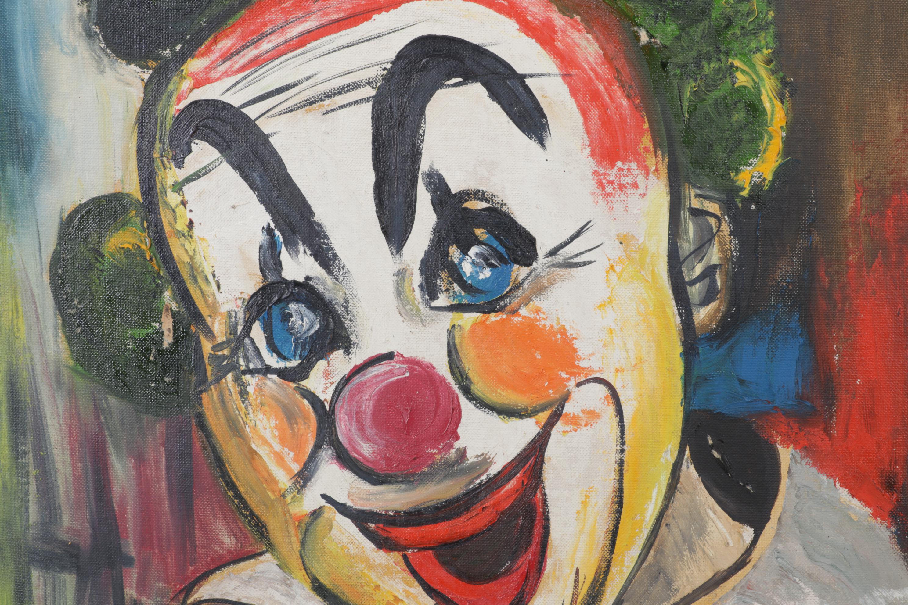 Portrait Oil Painting Of Clown, Mid to Late 20th Century