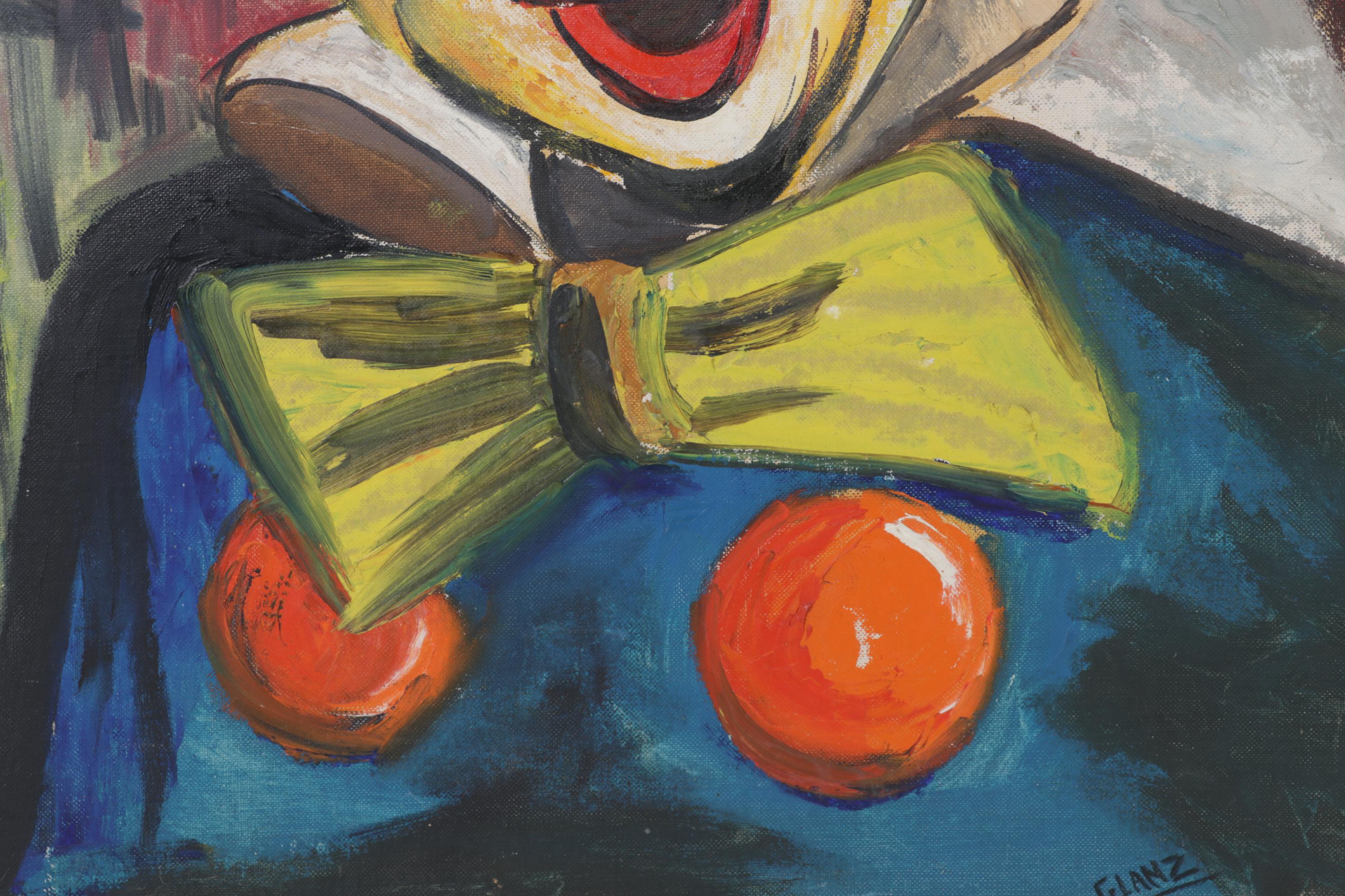 Portrait Oil Painting Of Clown, Mid to Late 20th Century