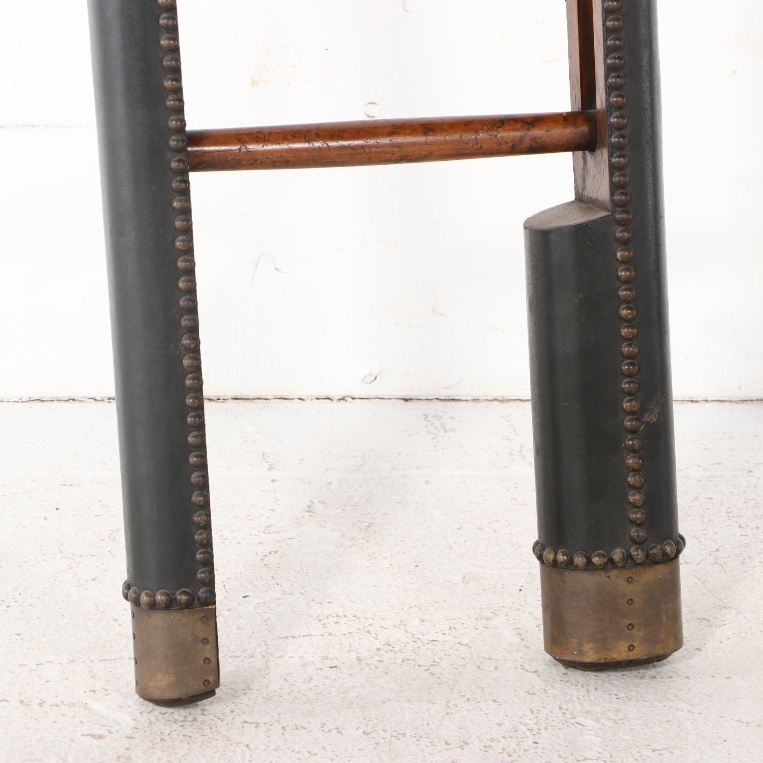 Brass-and-Leather-Bound Ash and Fruitwood Folding Library Ladder, 20th Century