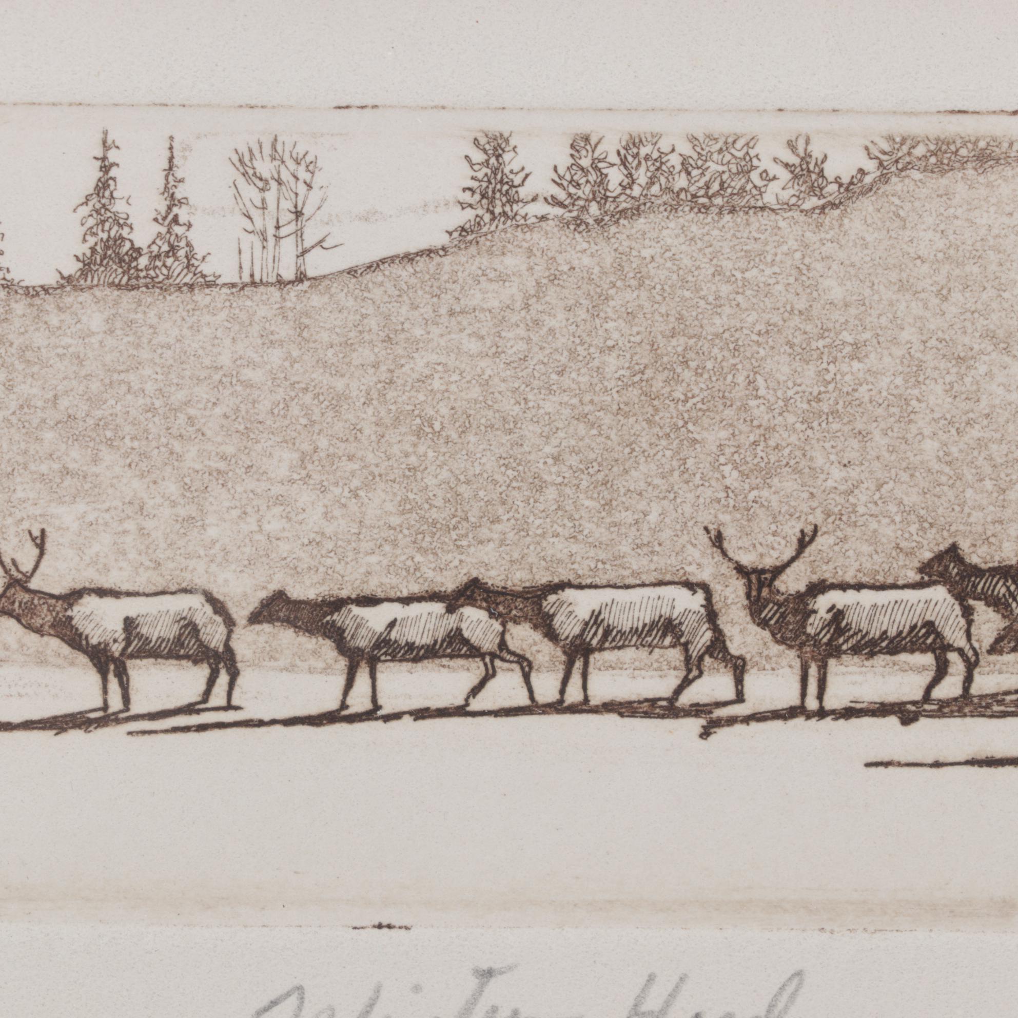 Stephen Quiller Landscape Etching "Winter Herd," Late 20th Century