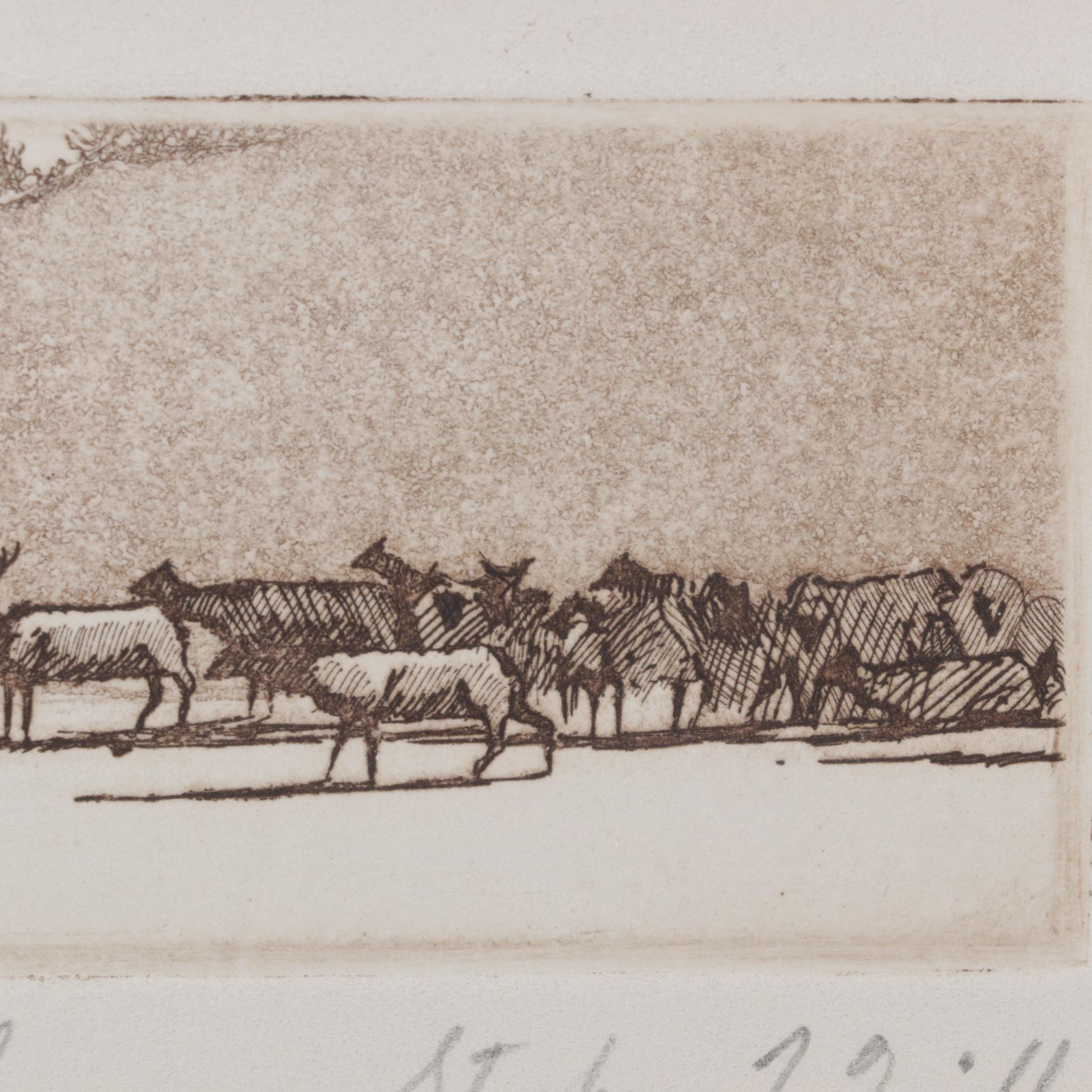 Stephen Quiller Landscape Etching "Winter Herd," Late 20th Century