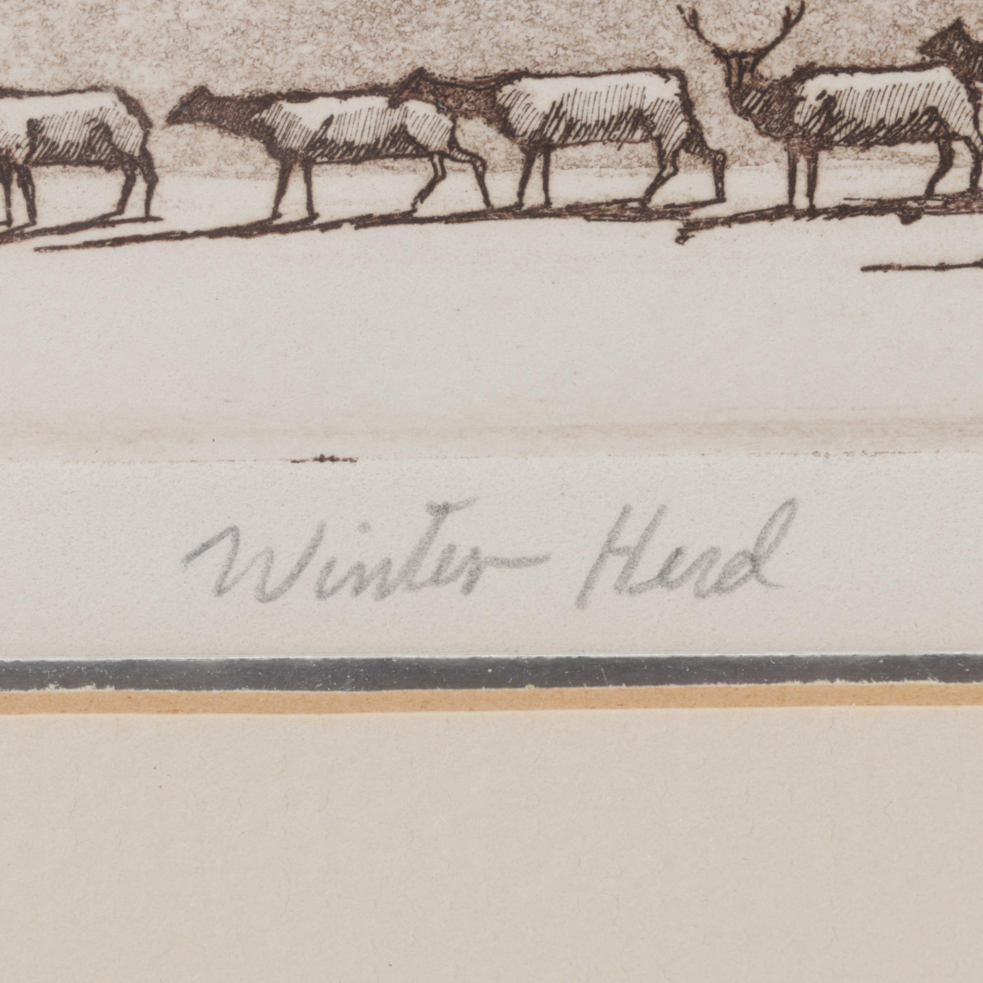 Stephen Quiller Landscape Etching "Winter Herd," Late 20th Century