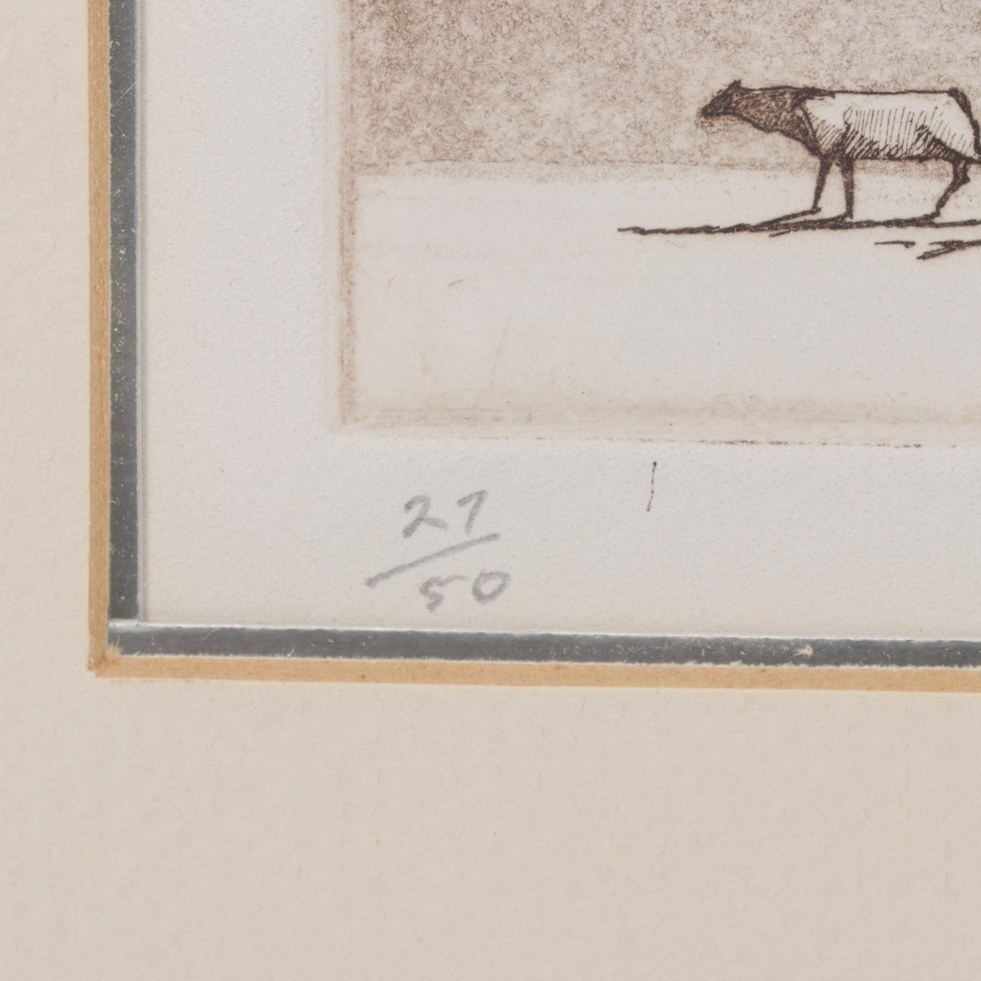 Stephen Quiller Landscape Etching "Winter Herd," Late 20th Century