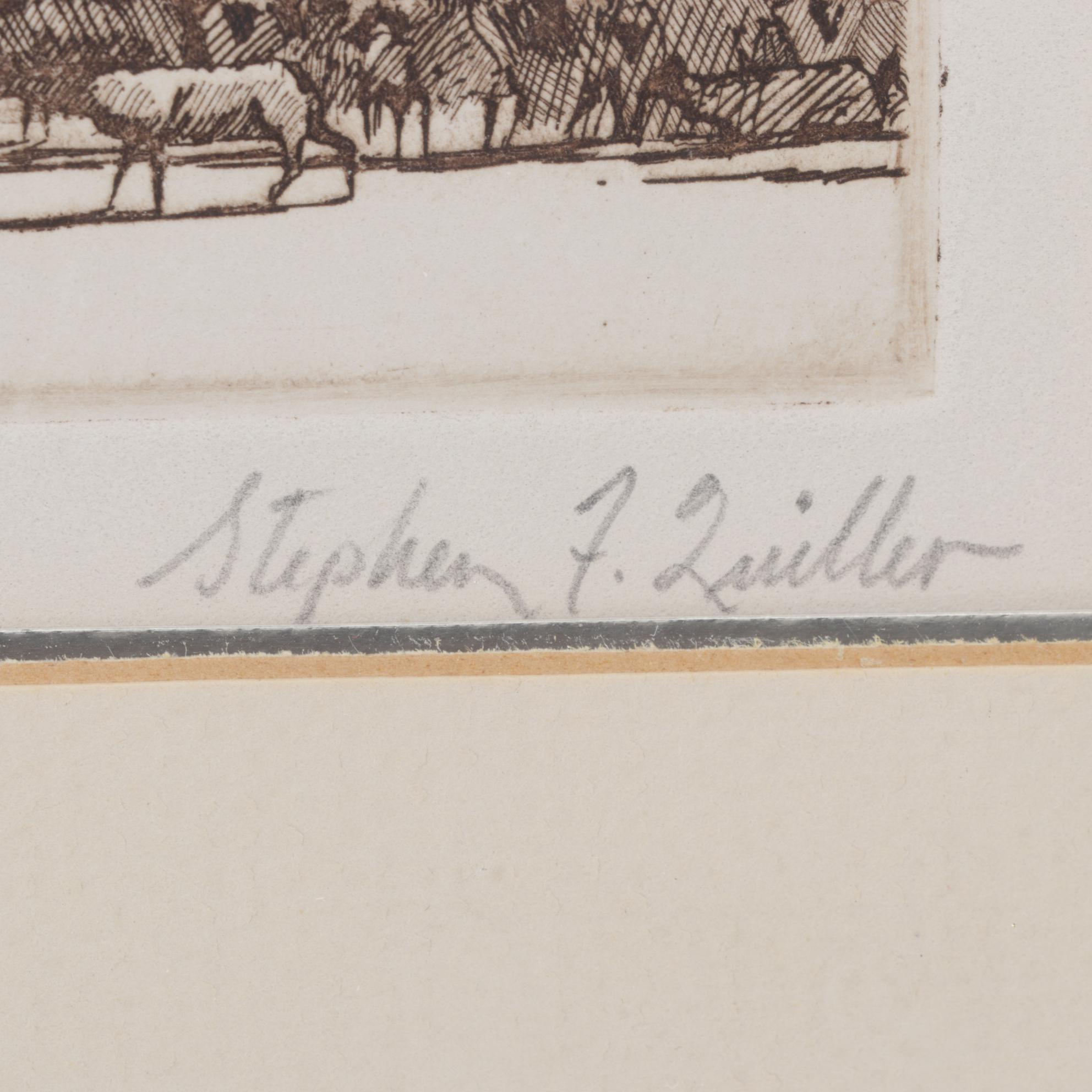 Stephen Quiller Landscape Etching "Winter Herd," Late 20th Century