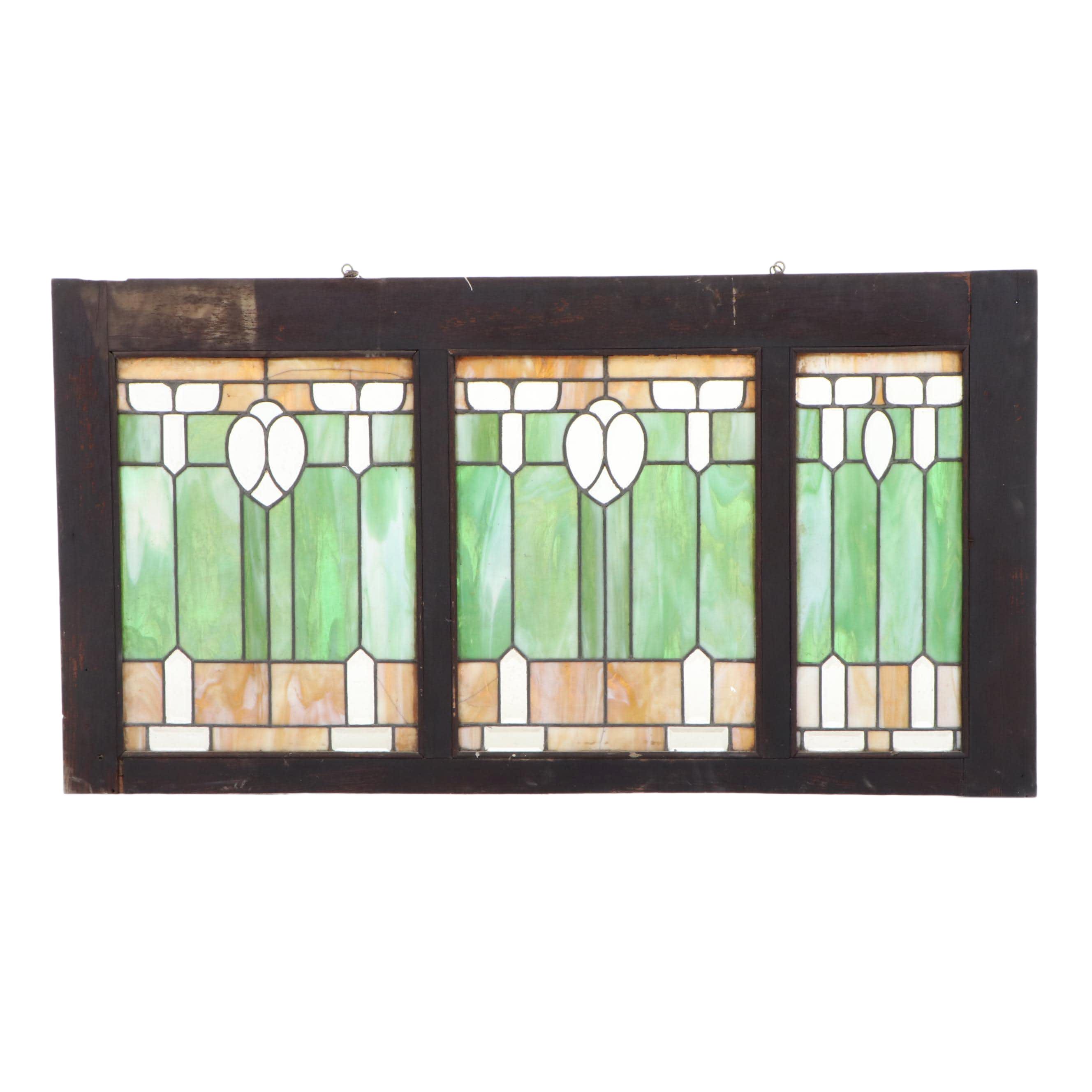 American Oak and Stained Glass Tripartite Window Panel, Early 20th Century