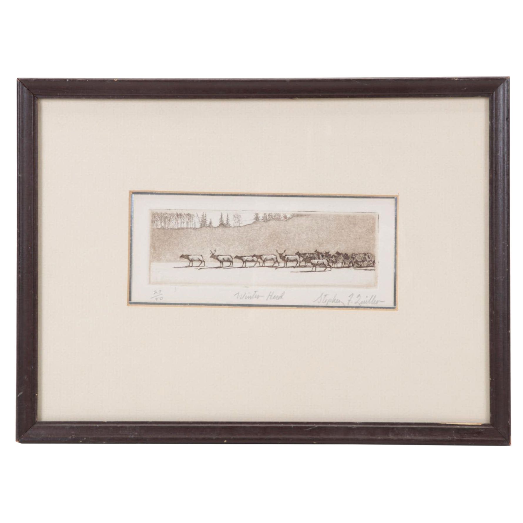 Stephen Quiller Landscape Etching "Winter Herd," Late 20th Century