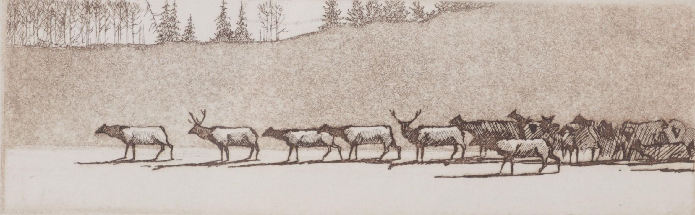 Stephen Quiller Landscape Etching "Winter Herd," Late 20th Century