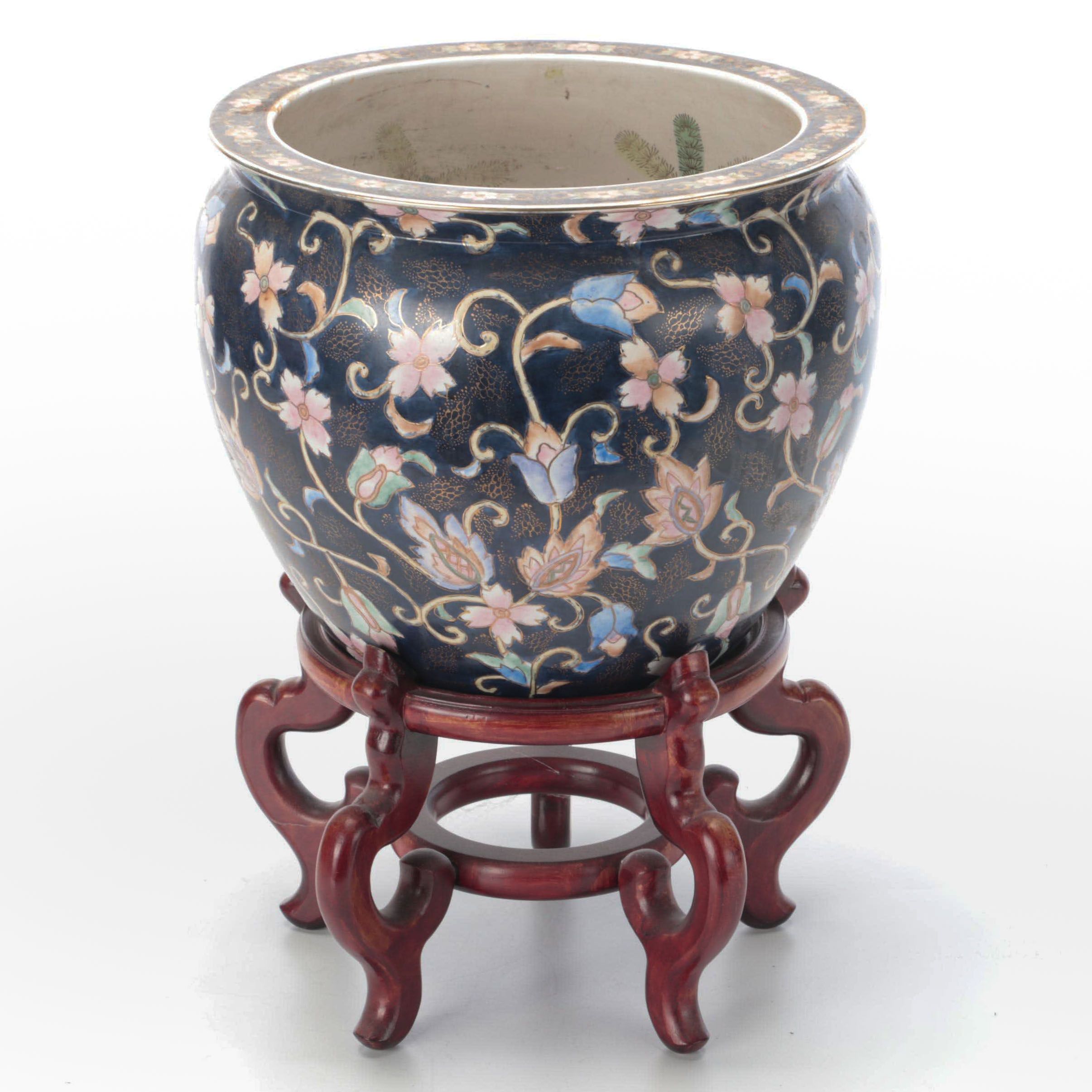 Chinese Porcelain Fishbowl  Planter with Wooden Stand