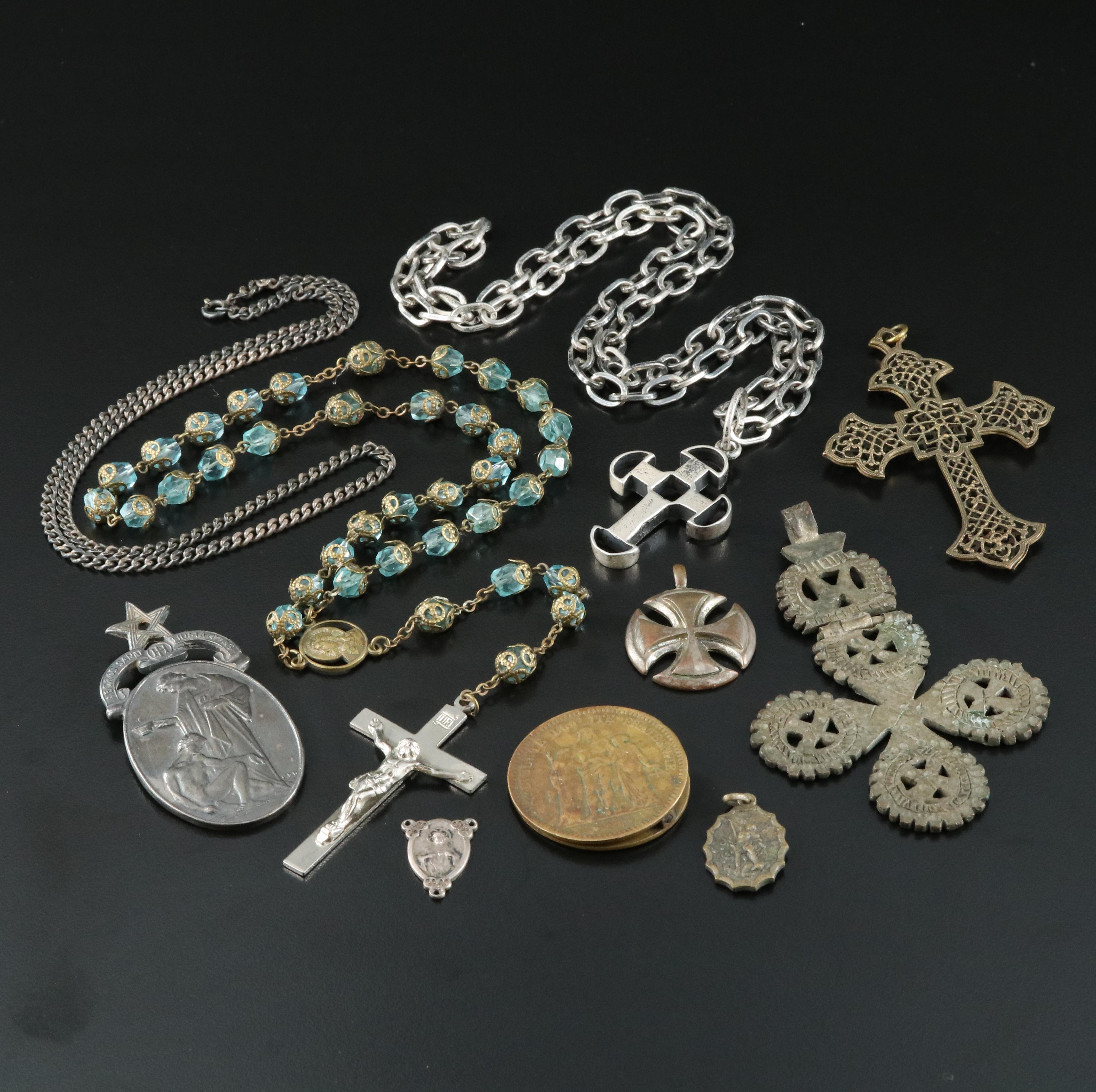 Vintage Religious Jewelry Collection with Glass Featuring Sterling
