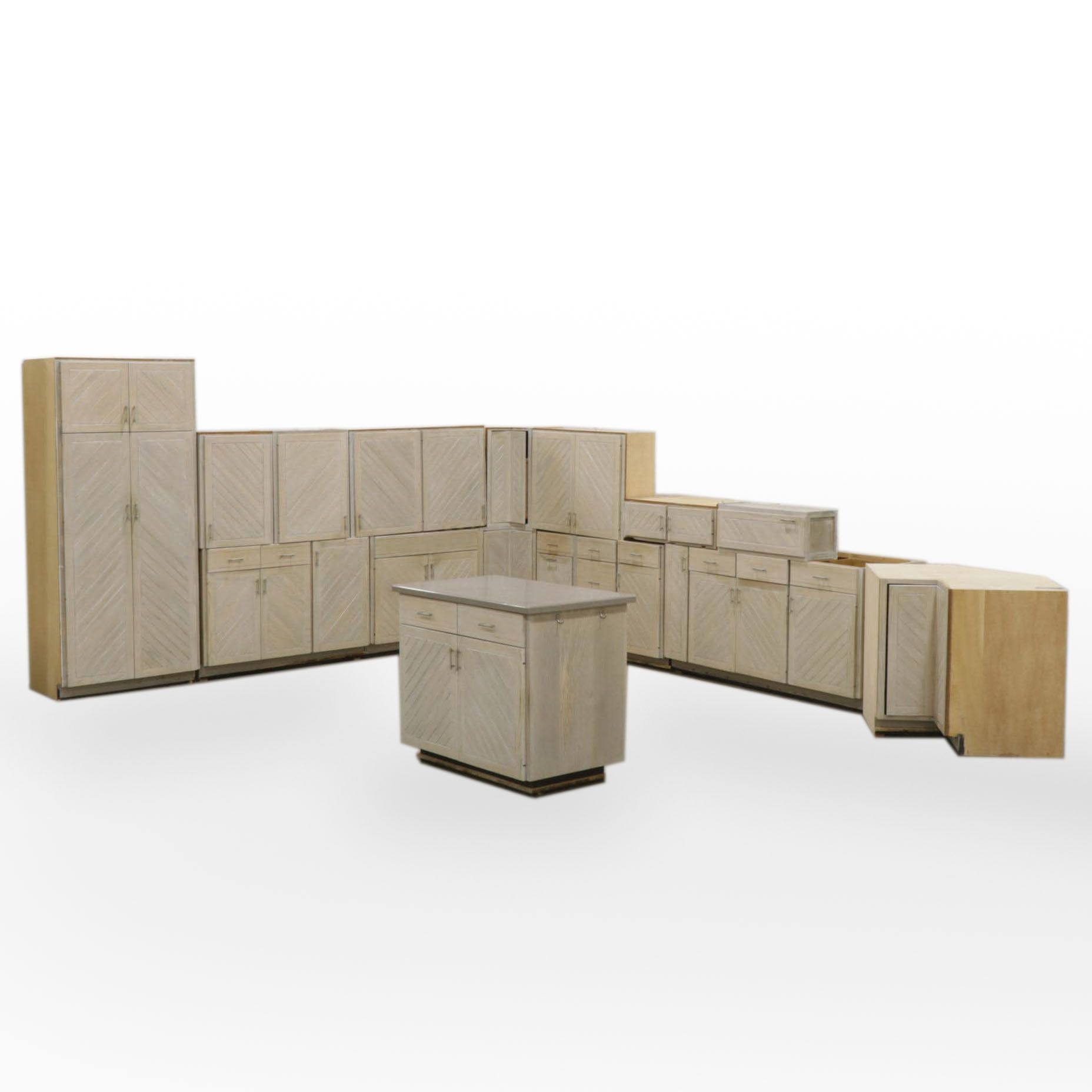 Contemporary Planked and White-Washed Oak Finish Kitchen Cabinets