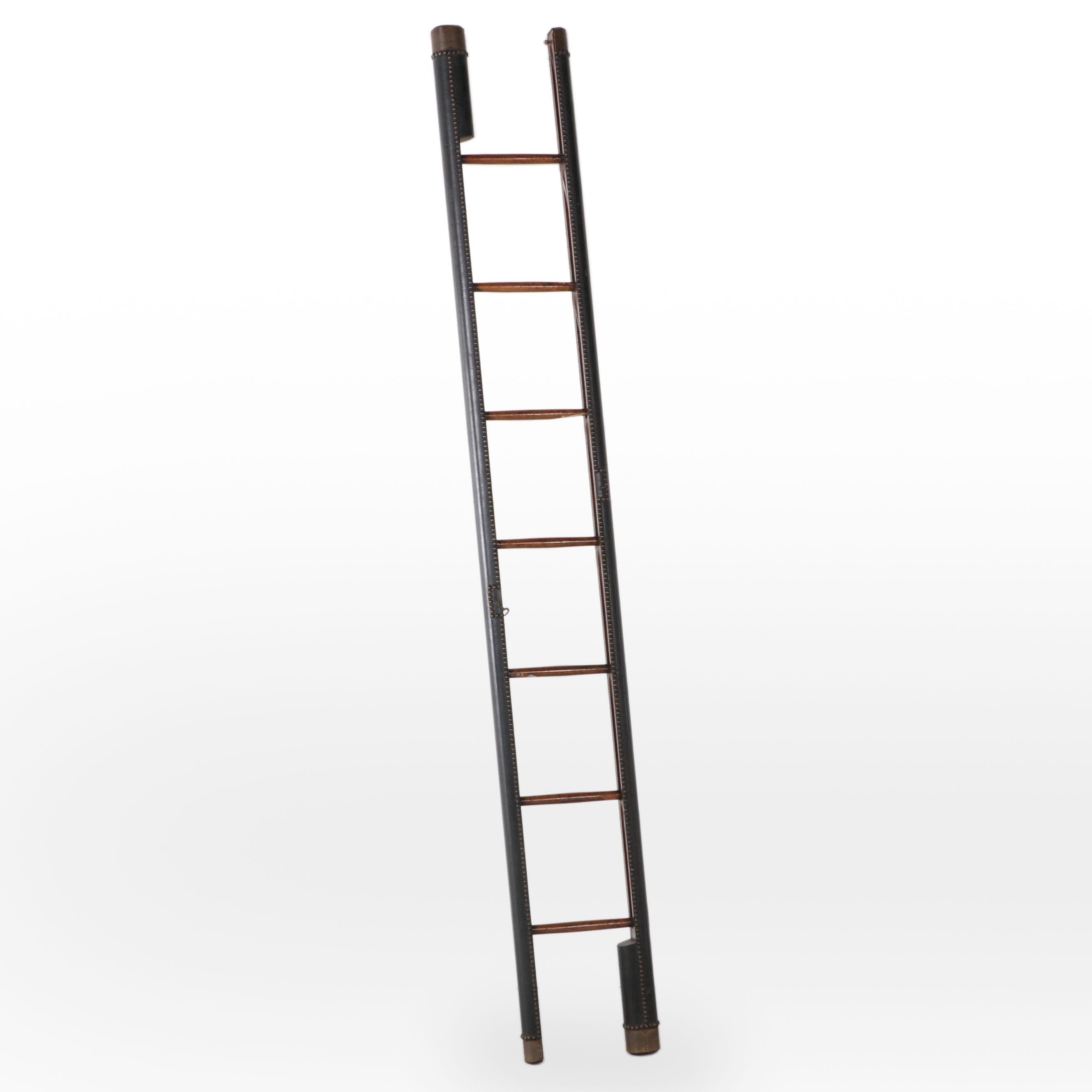 Brass-and-Leather-Bound Ash and Fruitwood Folding Library Ladder, 20th Century