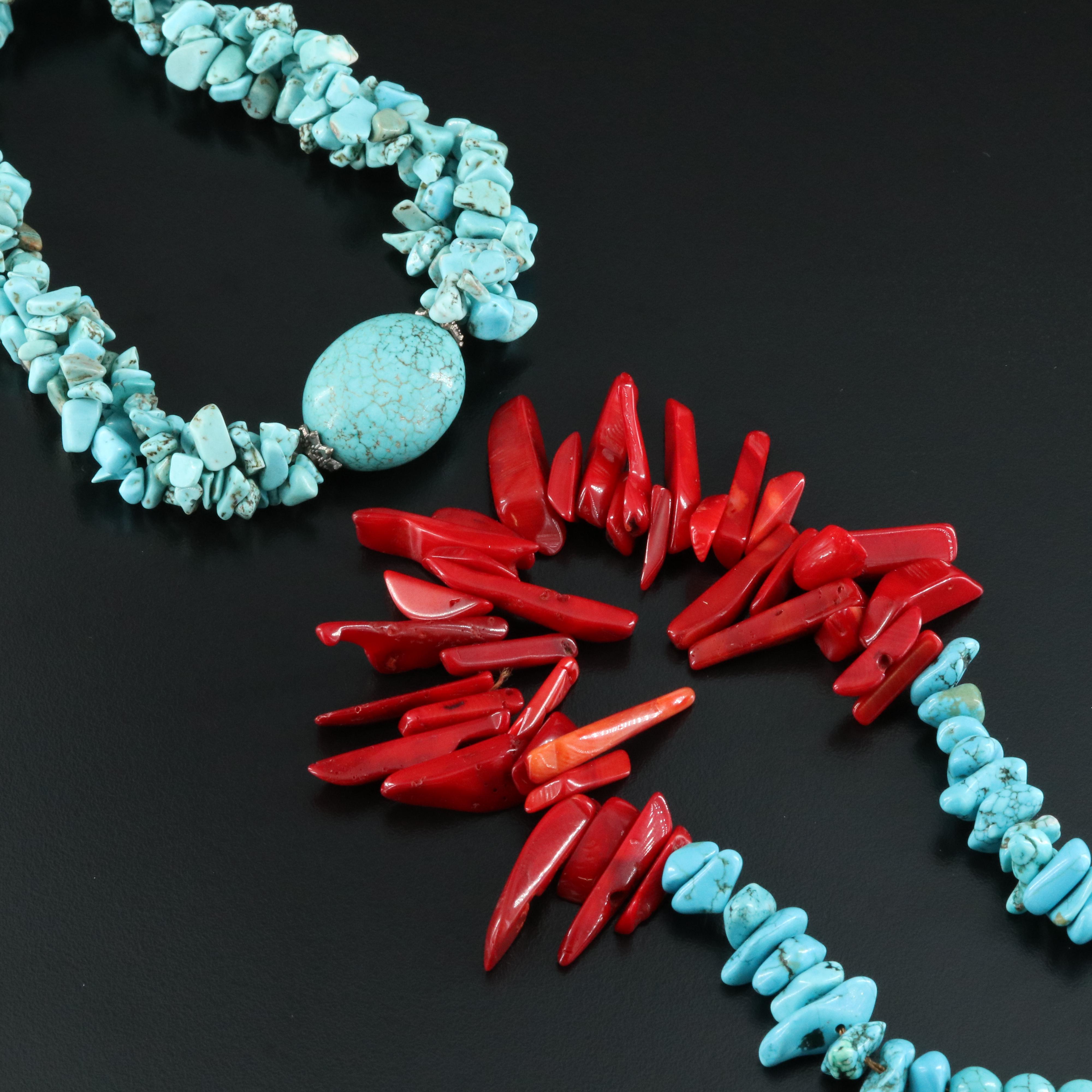 Howlite, Magnesite and Coral Necklaces
