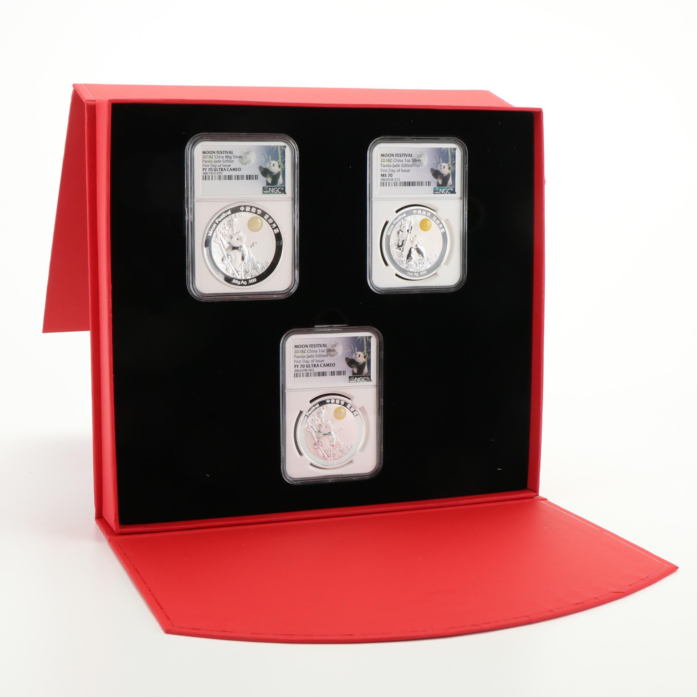 Three NGC Graded 2018 China "Moon Festival" Silver Panda Coins