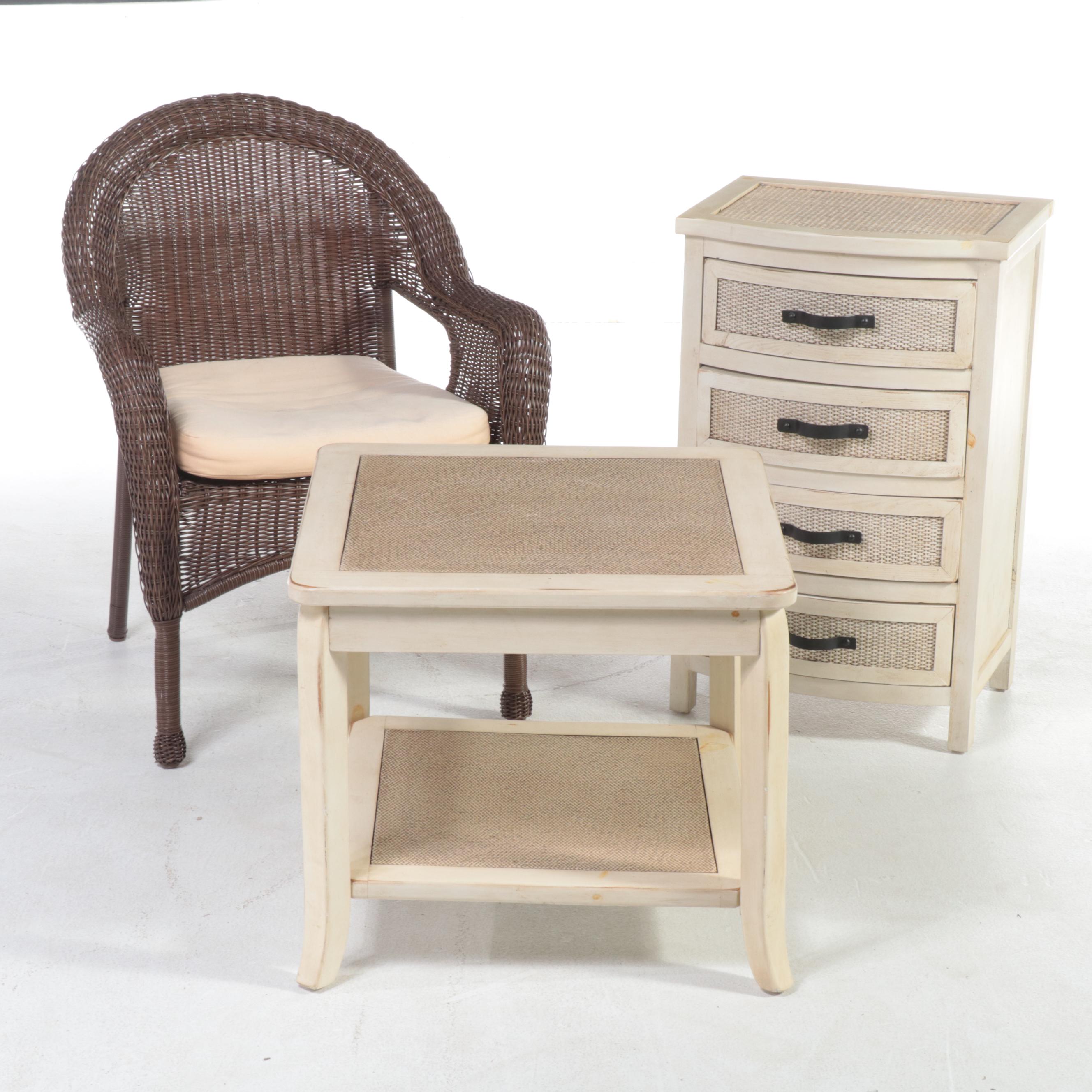 Resin Wicker Armchair Plus Hobby Lobby Caned Four-Drawer Chest and Side Table