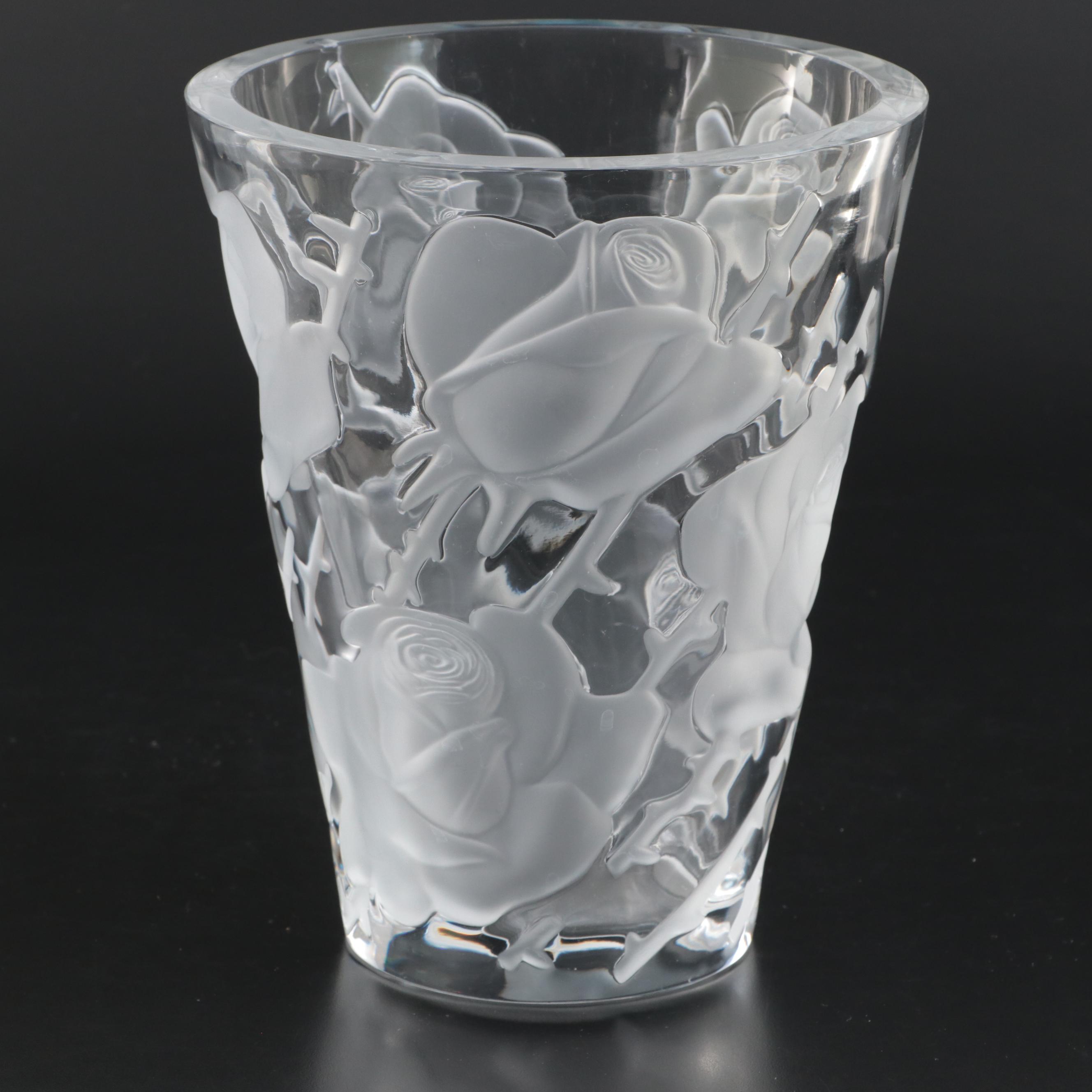 Lalique "Ispahan" Crystal Vase with Raised Frosted Roses, Late 20th Century