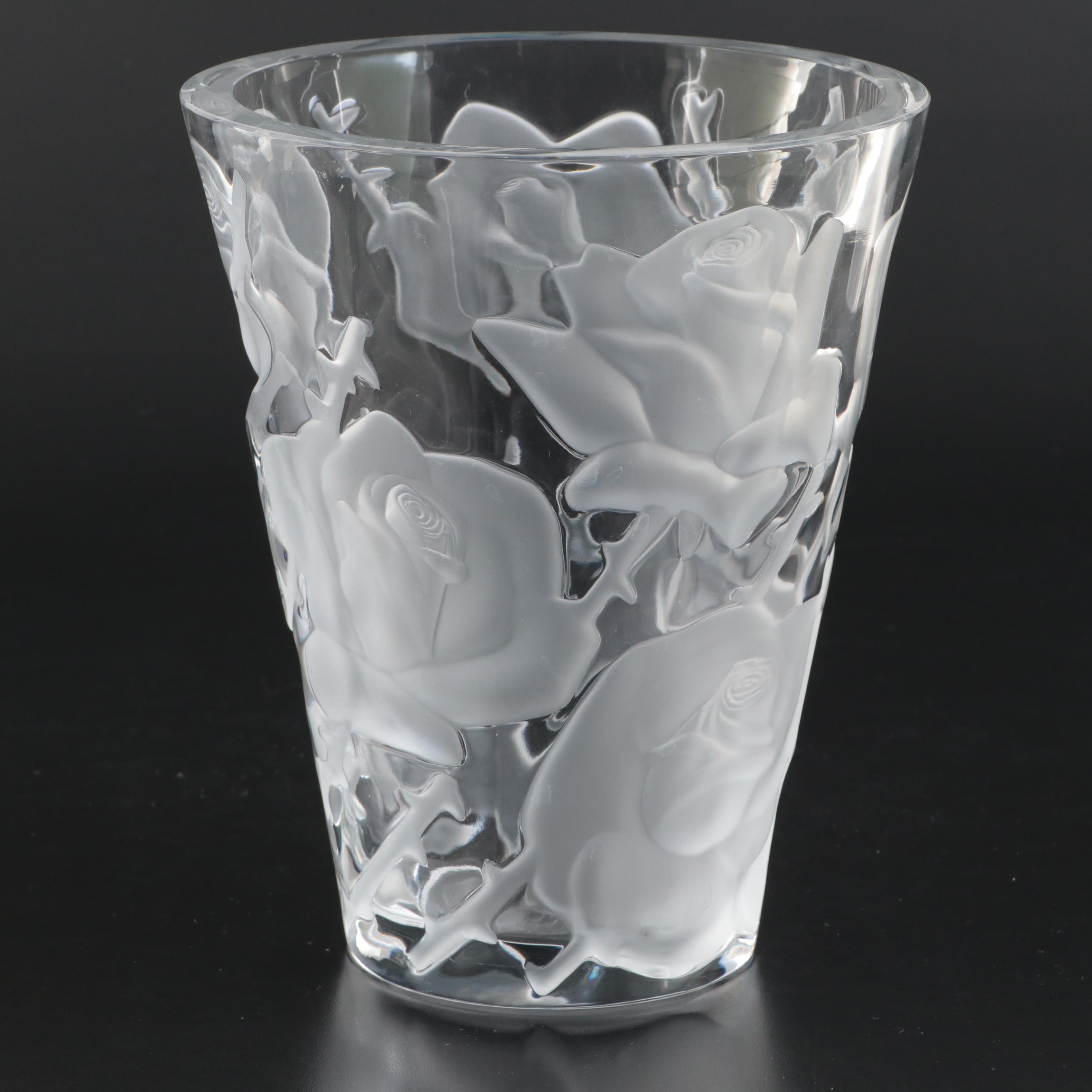 Lalique "Ispahan" Crystal Vase with Raised Frosted Roses, Late 20th Century