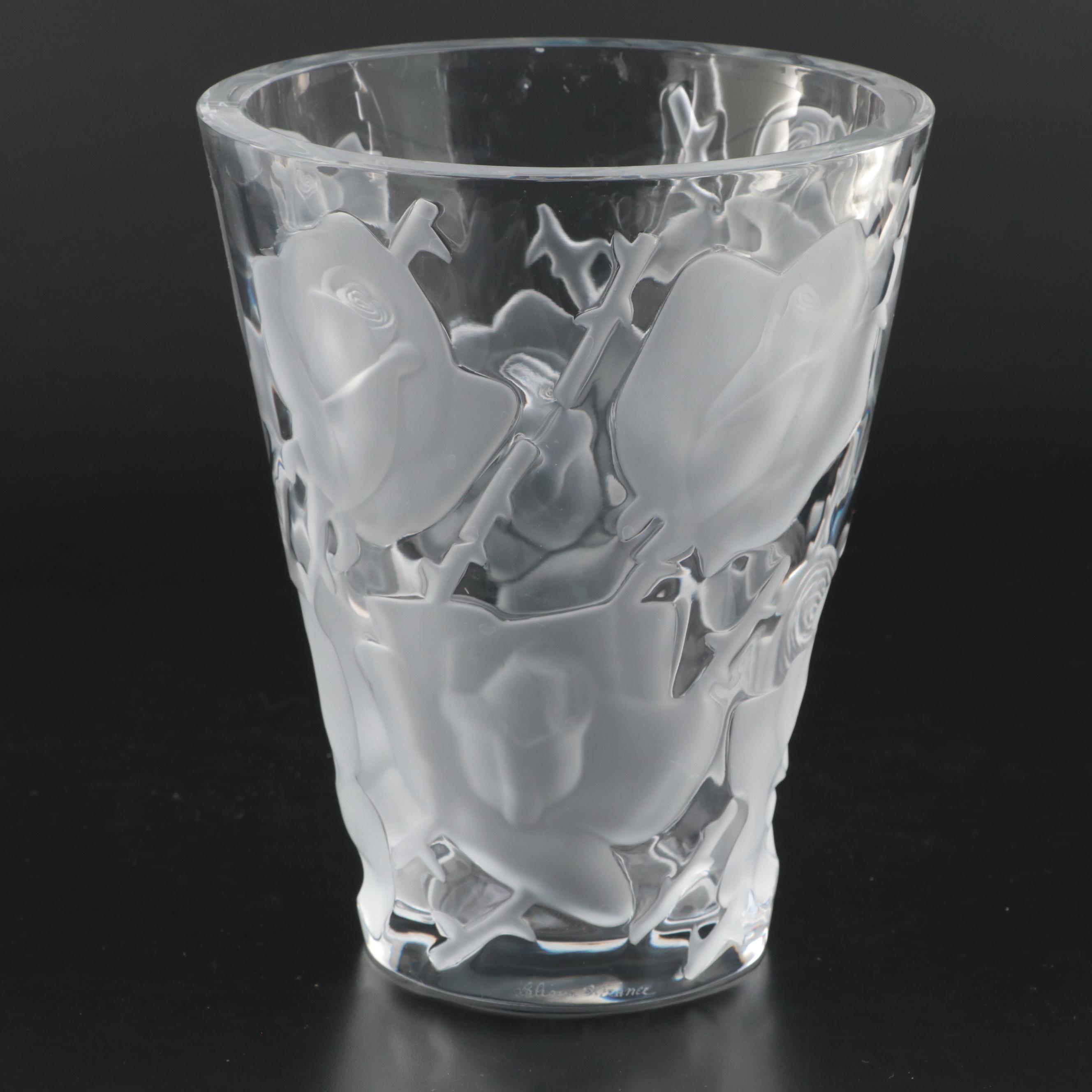 Lalique "Ispahan" Crystal Vase with Raised Frosted Roses, Late 20th Century