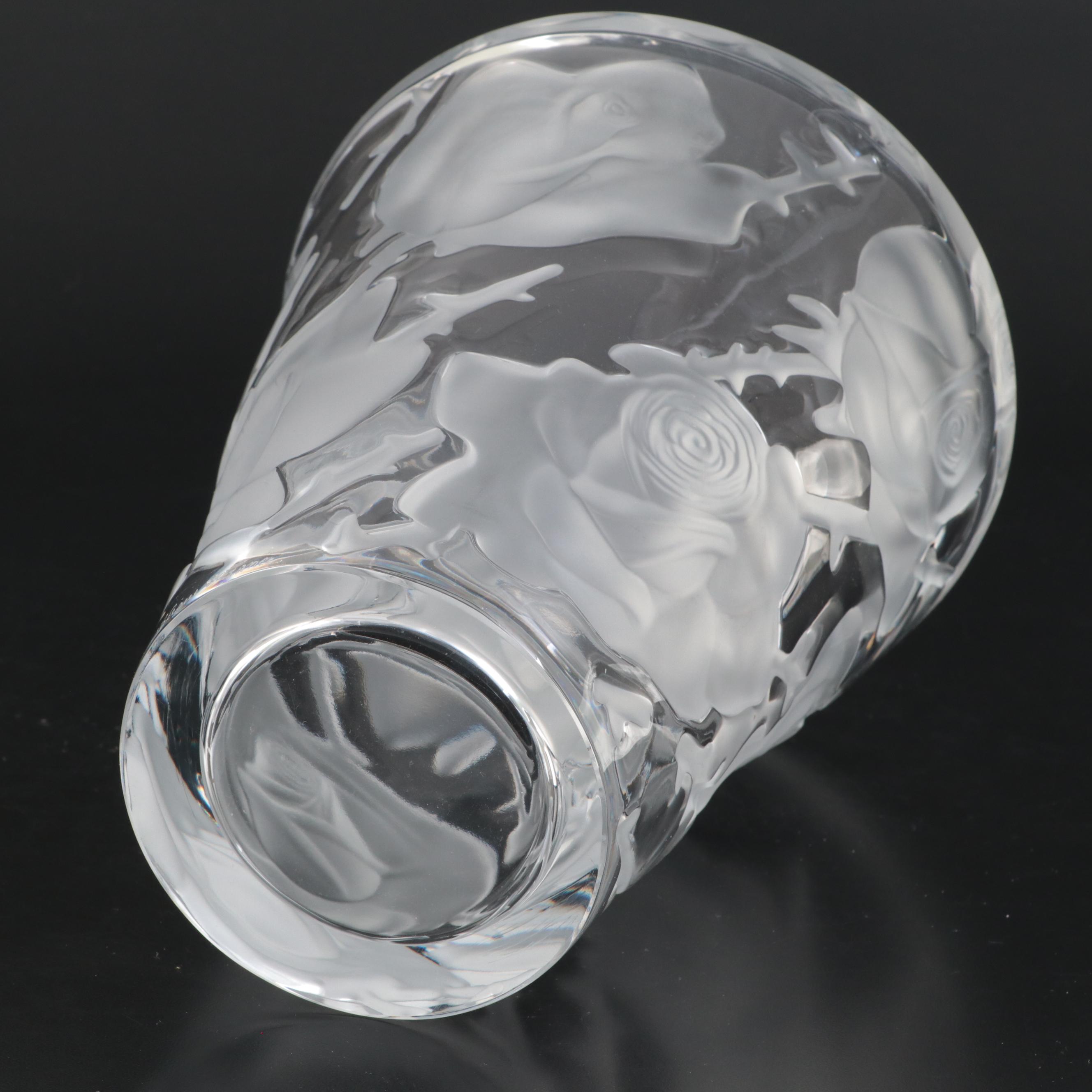 Lalique "Ispahan" Crystal Vase with Raised Frosted Roses, Late 20th Century