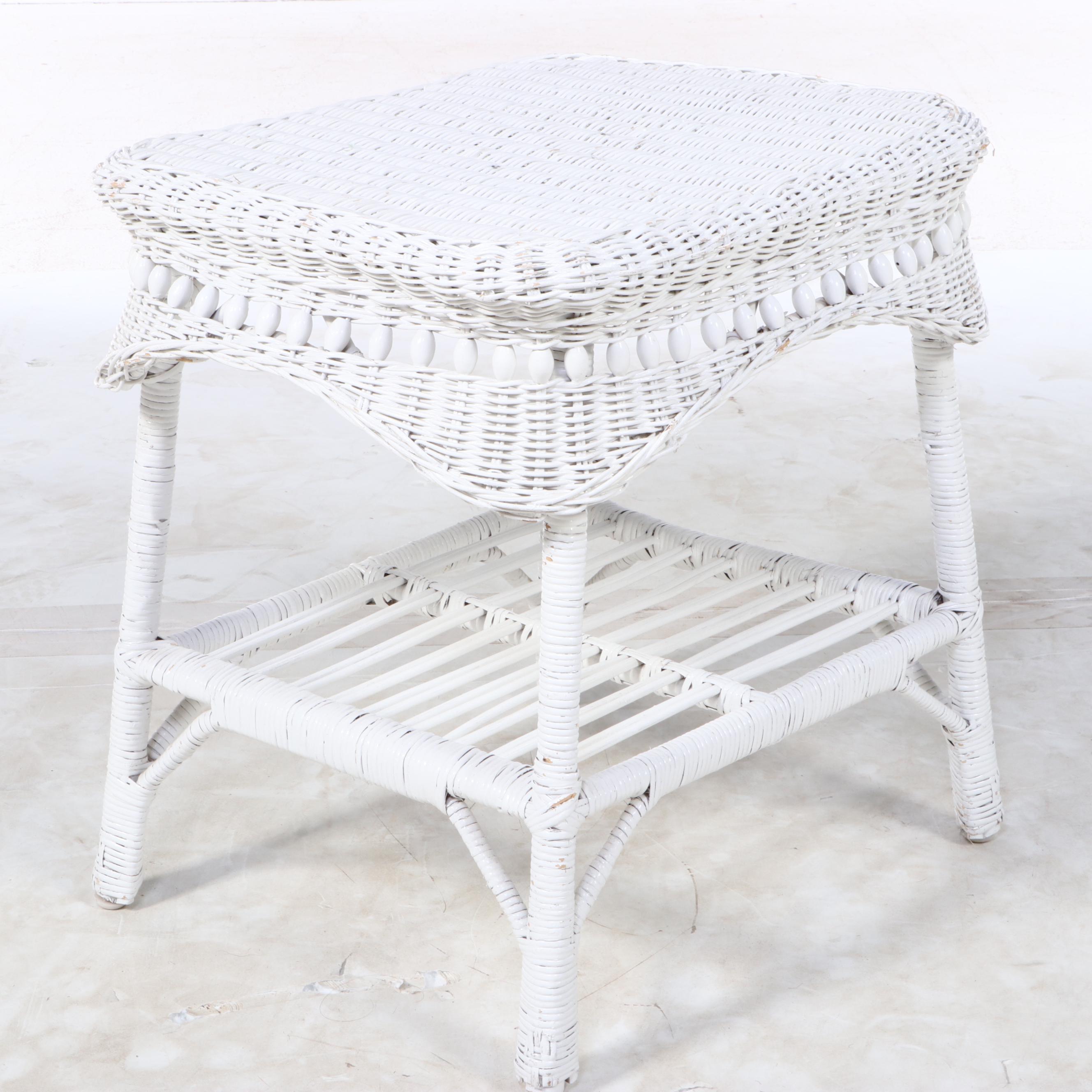 White-Painted Wicker End Table