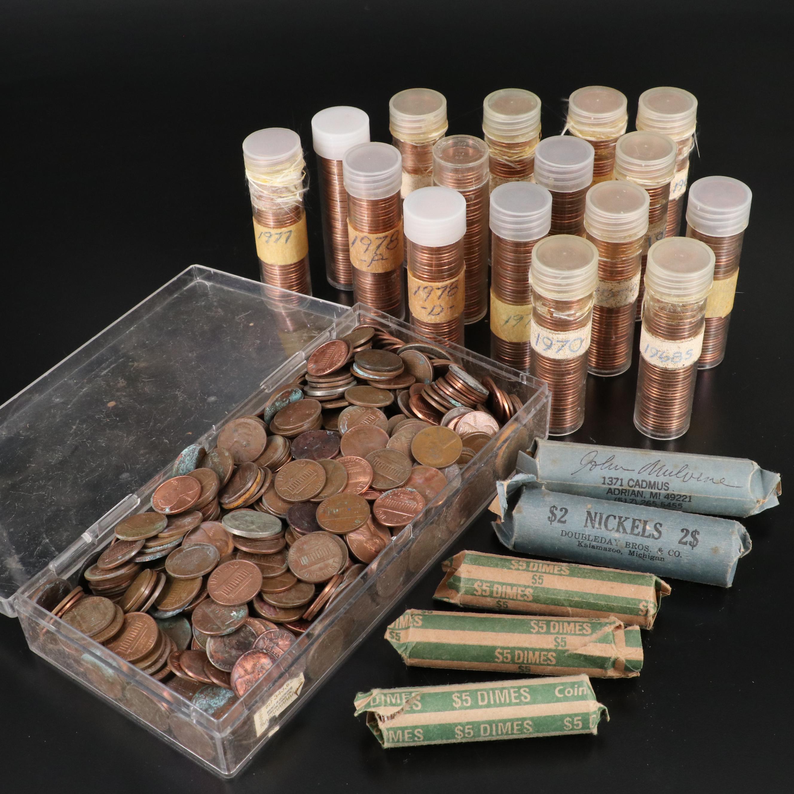 Group of U.S. Cents, Nickels, and Dimes, Including 16 BU Rolls of Lincoln Cents