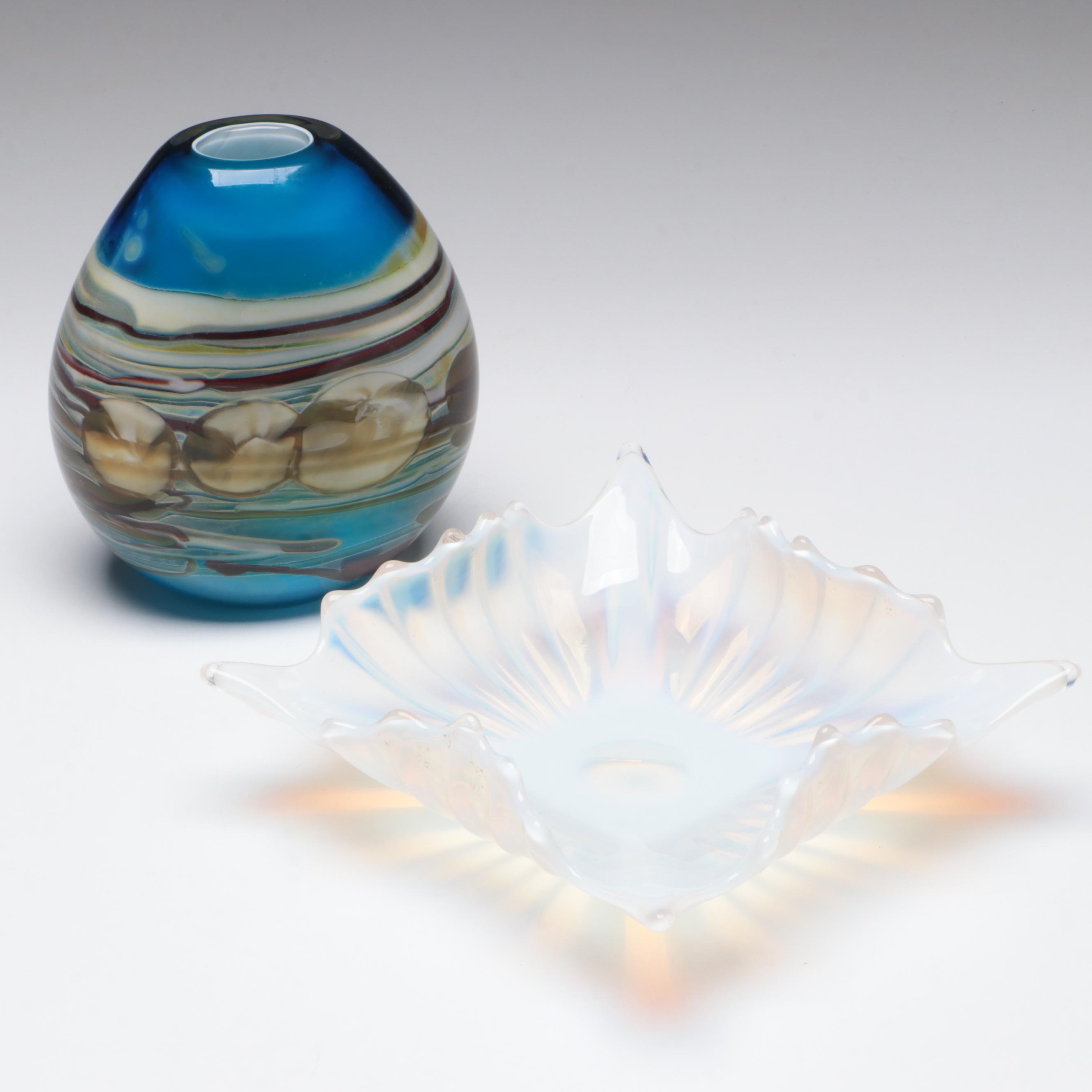 Fostoria "Heirloom" Opalescent Glass Dish and Multicolored Cased Glass Bud Vase