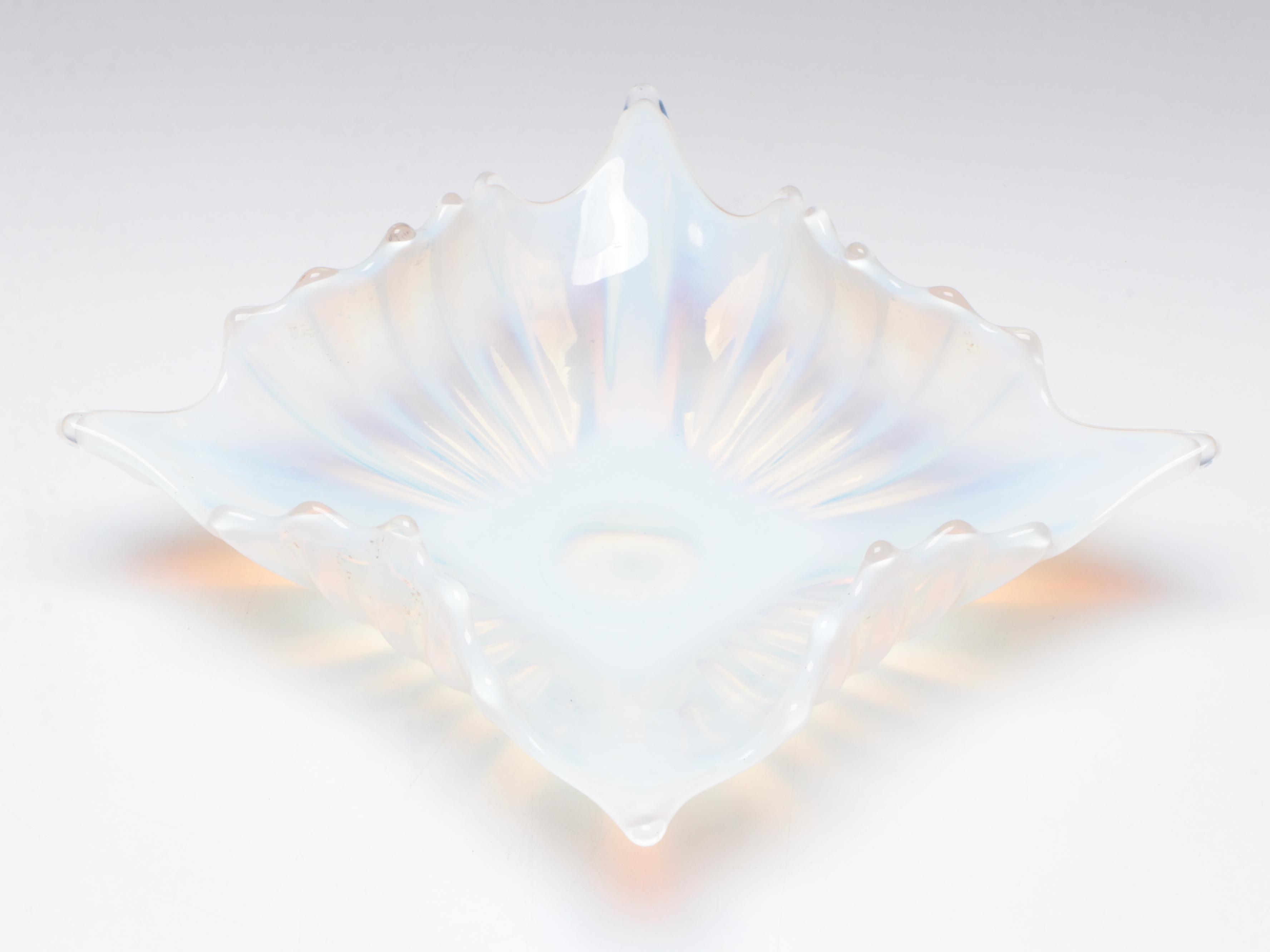 Fostoria "Heirloom" Opalescent Glass Dish and Multicolored Cased Glass Bud Vase