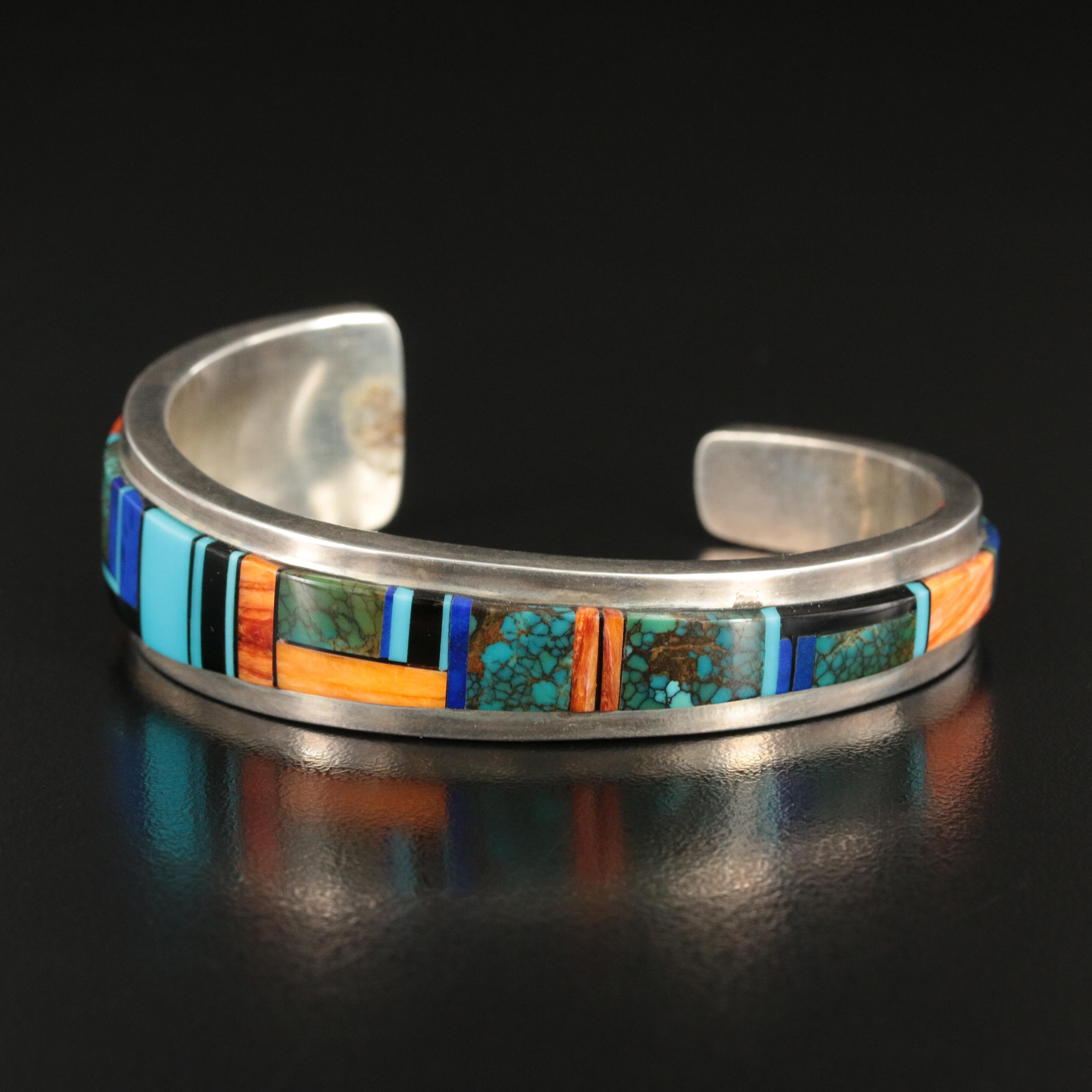 Yazzie Signed Sterling Inlay Cuff Bracelet