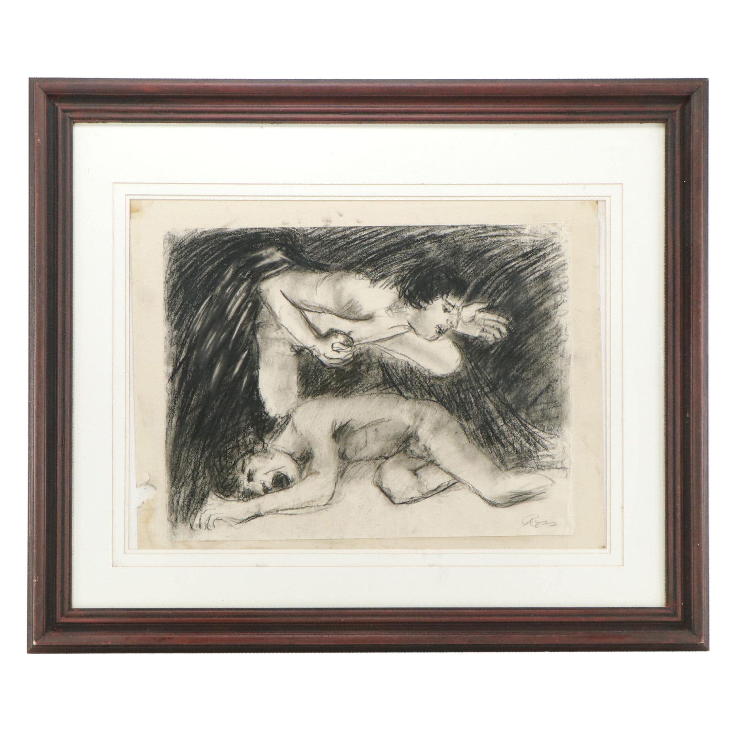 Gary Ross Charcoal Drawing of Two Nude Figures