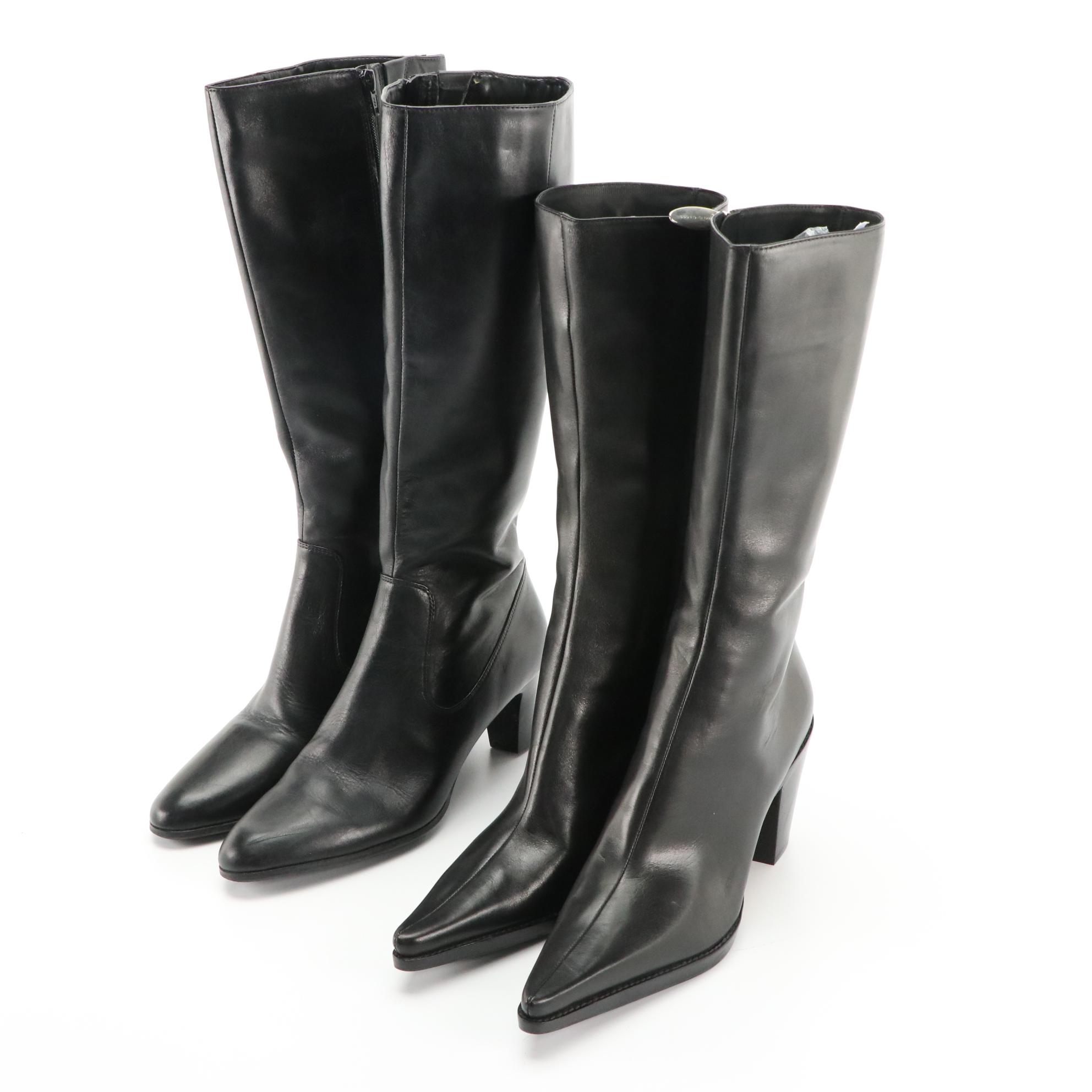 Sergio Rossi and Sudini Pointed-Toe Heeled Boots in Black Leather