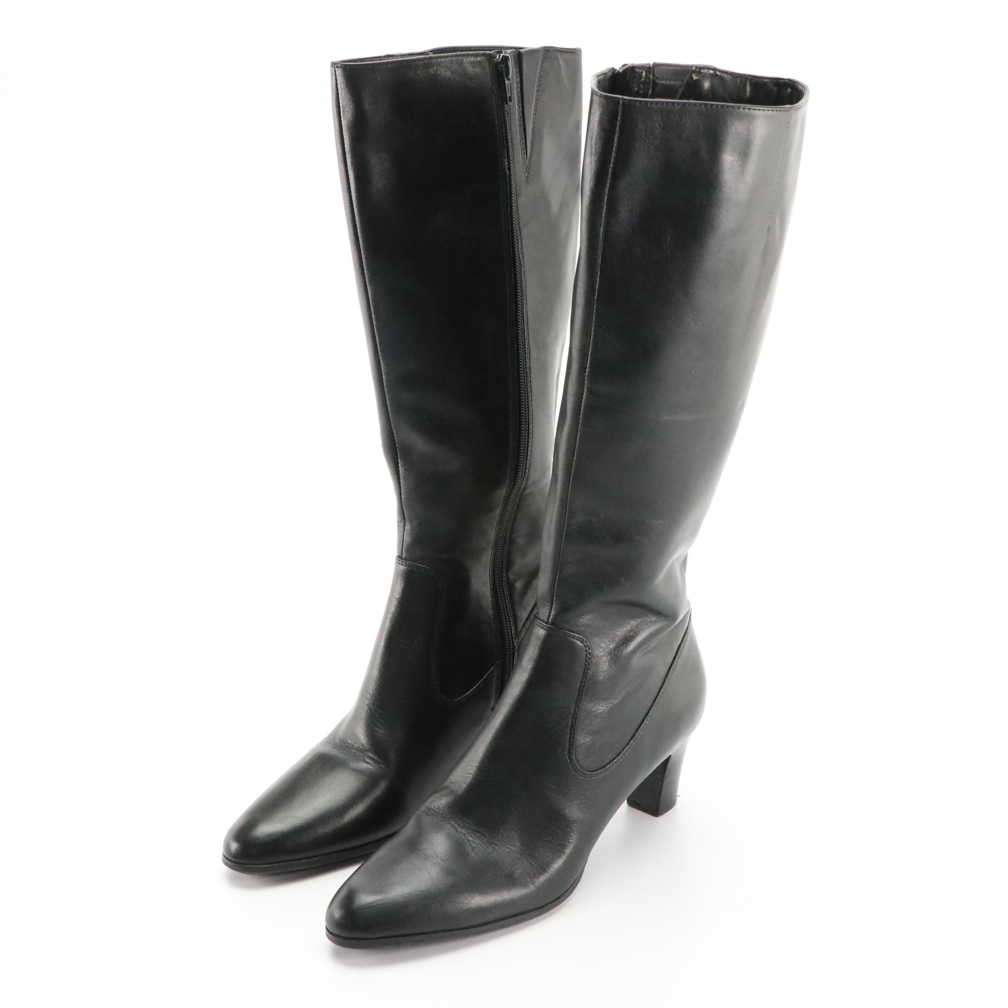 Sergio Rossi and Sudini Pointed-Toe Heeled Boots in Black Leather