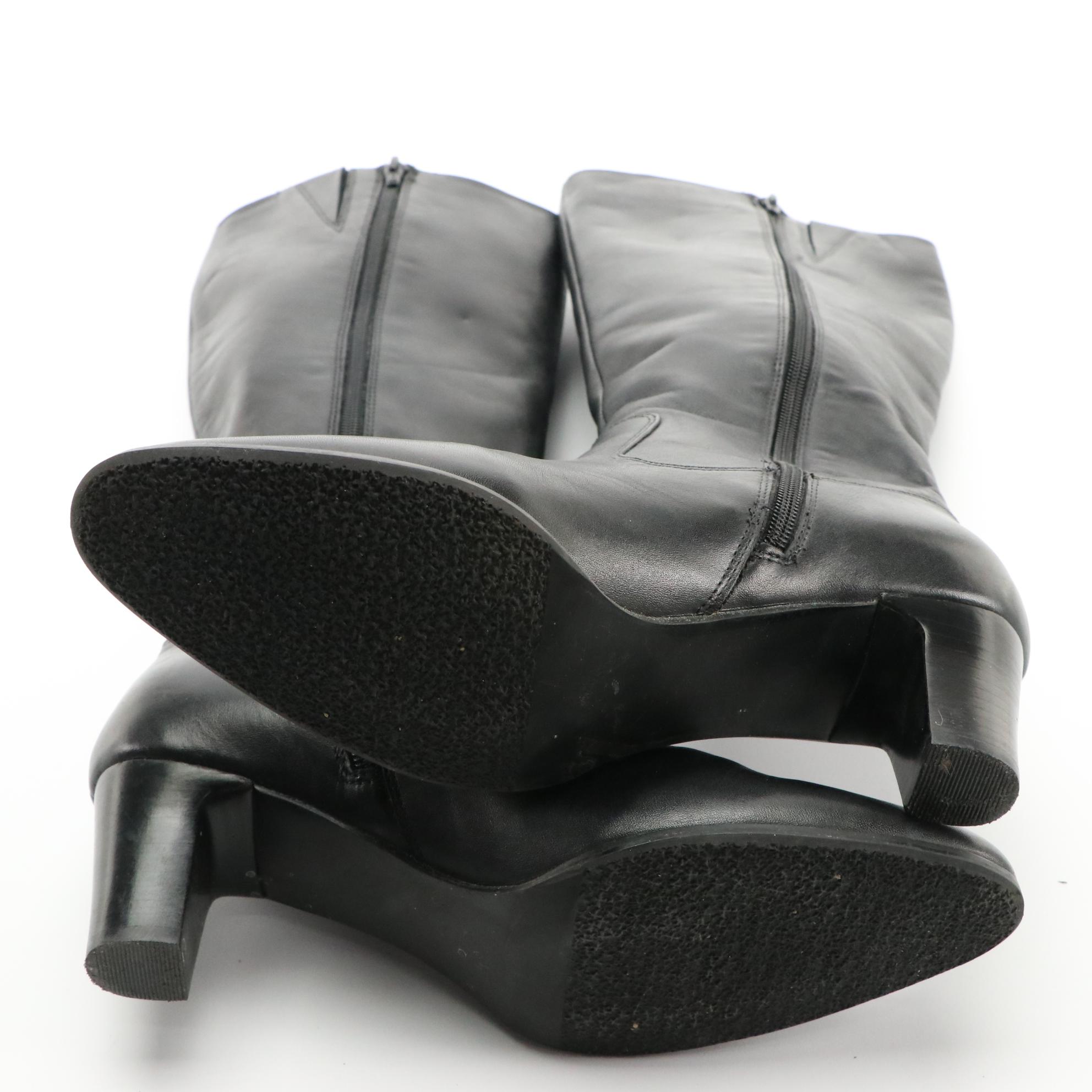 Sergio Rossi and Sudini Pointed-Toe Heeled Boots in Black Leather