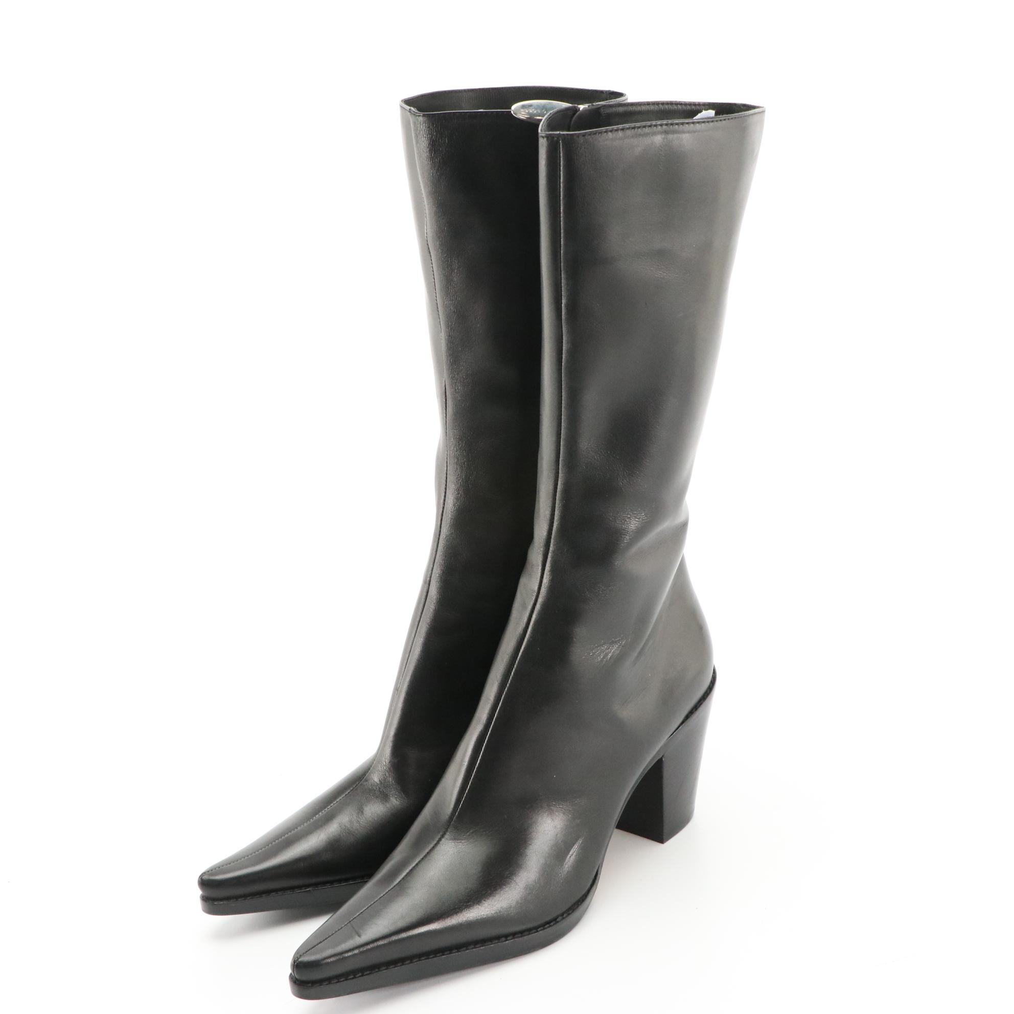 Sergio Rossi and Sudini Pointed-Toe Heeled Boots in Black Leather