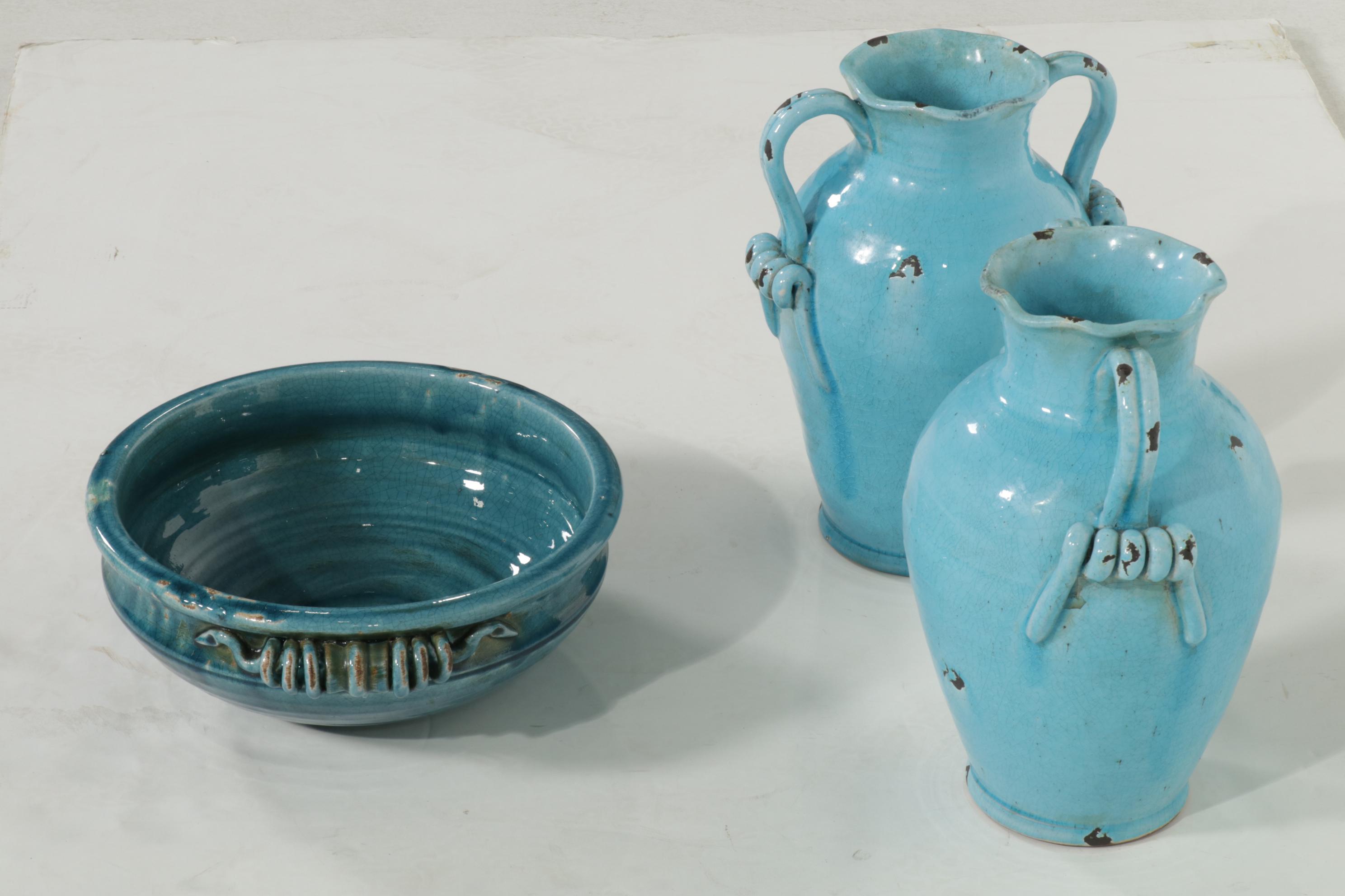 Three Hands Corp Turquoise Glazed Vases With Bowl EBTH   1702654327810 875864a0bb9d1e771312d9b3080e5b4a72d8606a126c8a73a31f06984b58c04b.JPG