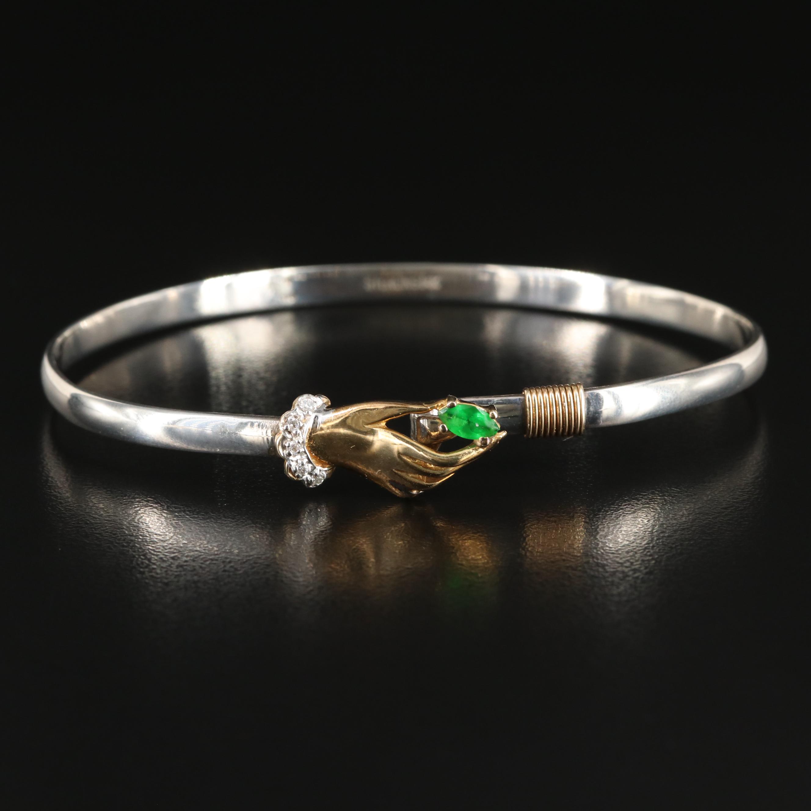 Sterling Glass and Diamond Grasping Hand Bracelet with 14K Accents