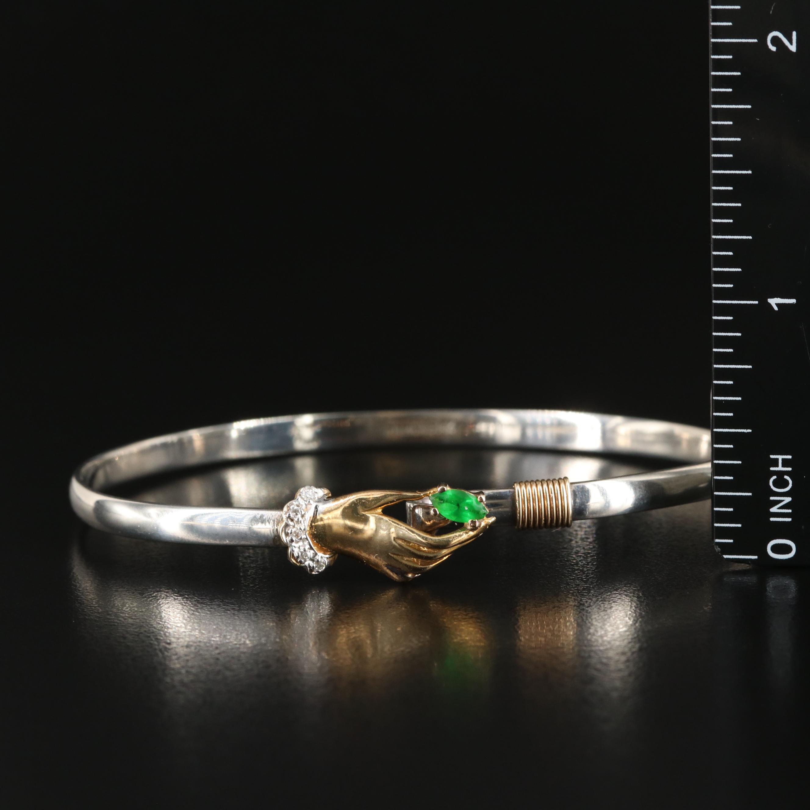 Sterling Glass and Diamond Grasping Hand Bracelet with 14K Accents