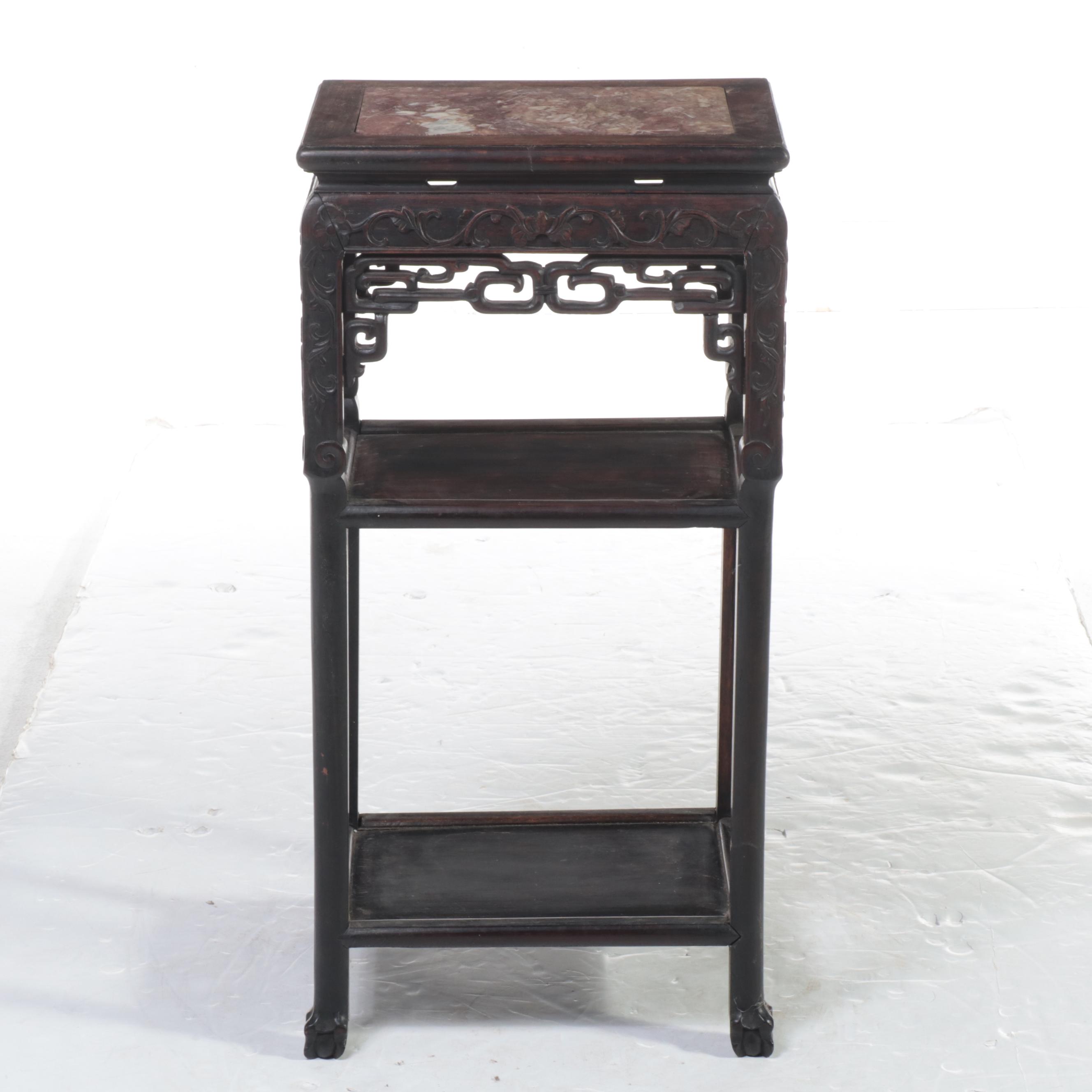 Chinese Carved Hardwood and Marble Top Three-Tier Stand