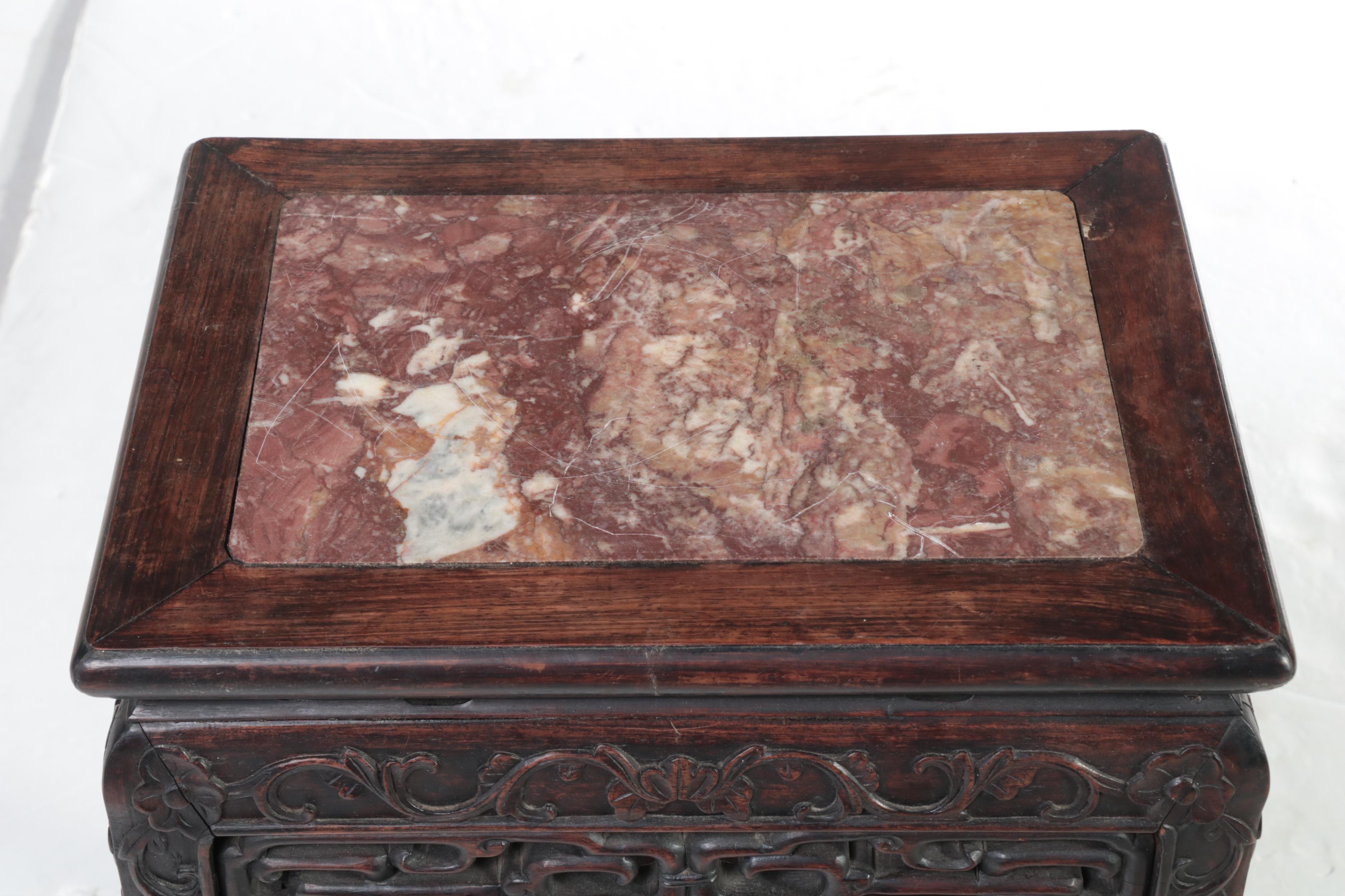 Chinese Carved Hardwood and Marble Top Three-Tier Stand