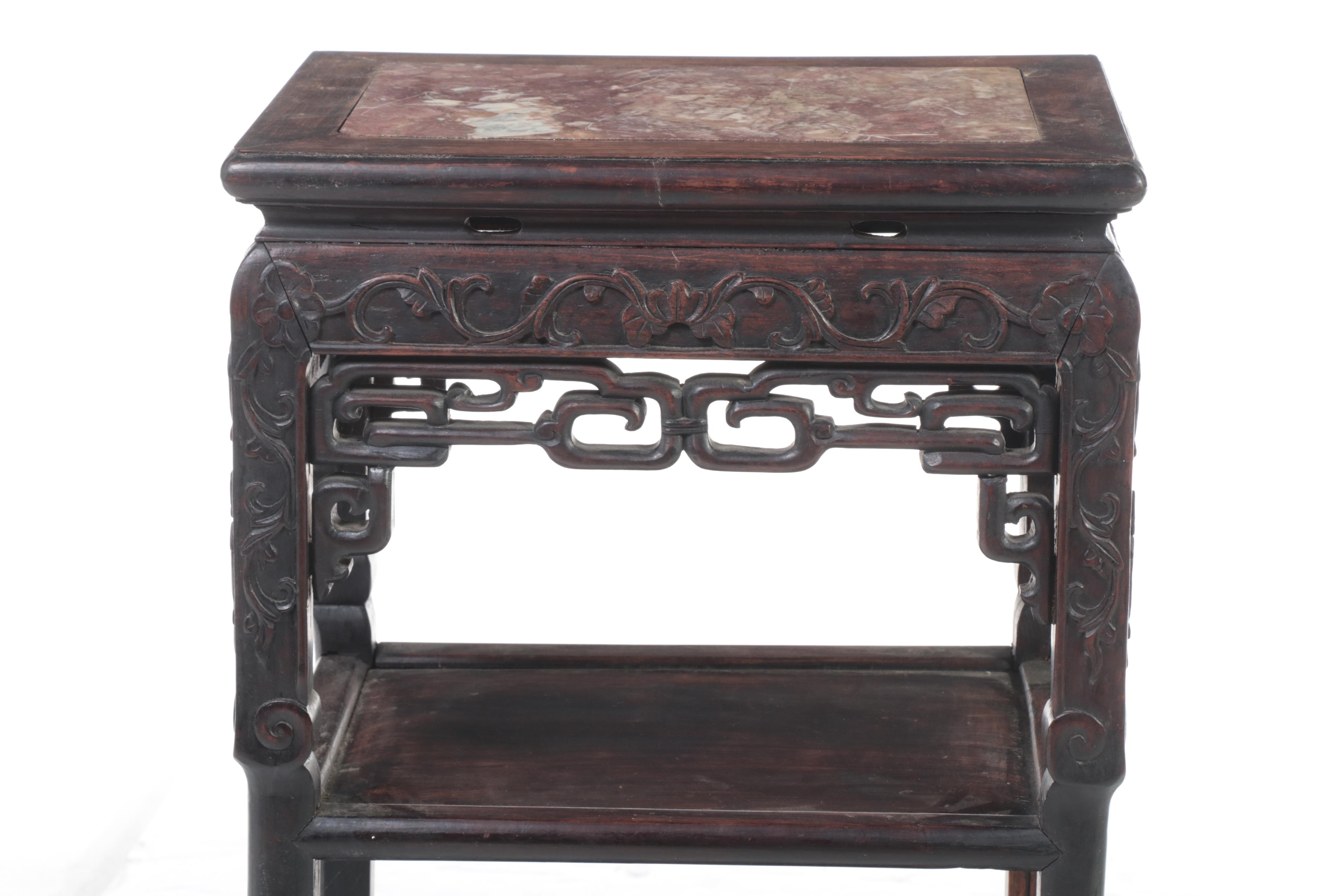 Chinese Carved Hardwood and Marble Top Three-Tier Stand