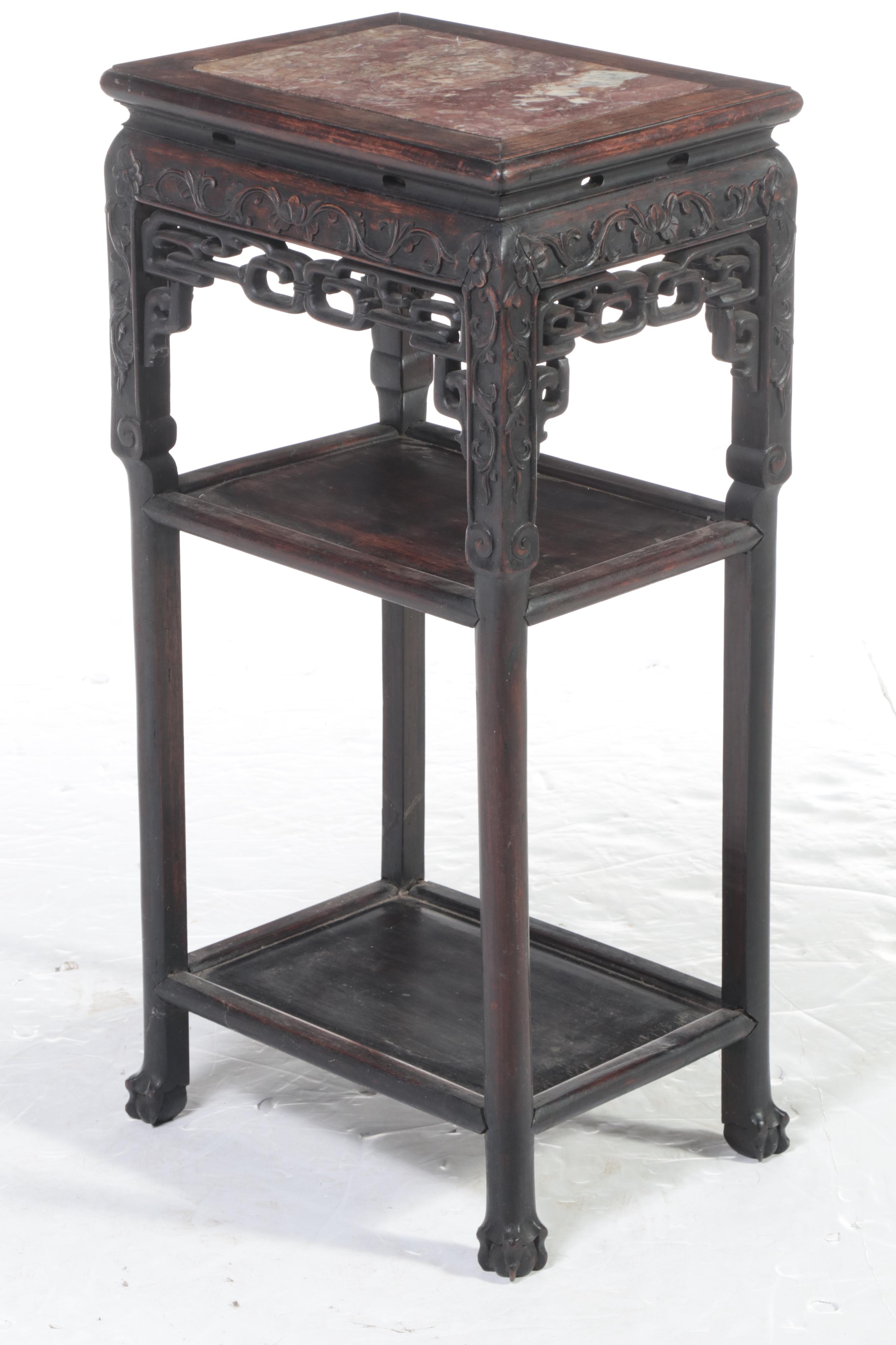 Chinese Carved Hardwood and Marble Top Three-Tier Stand