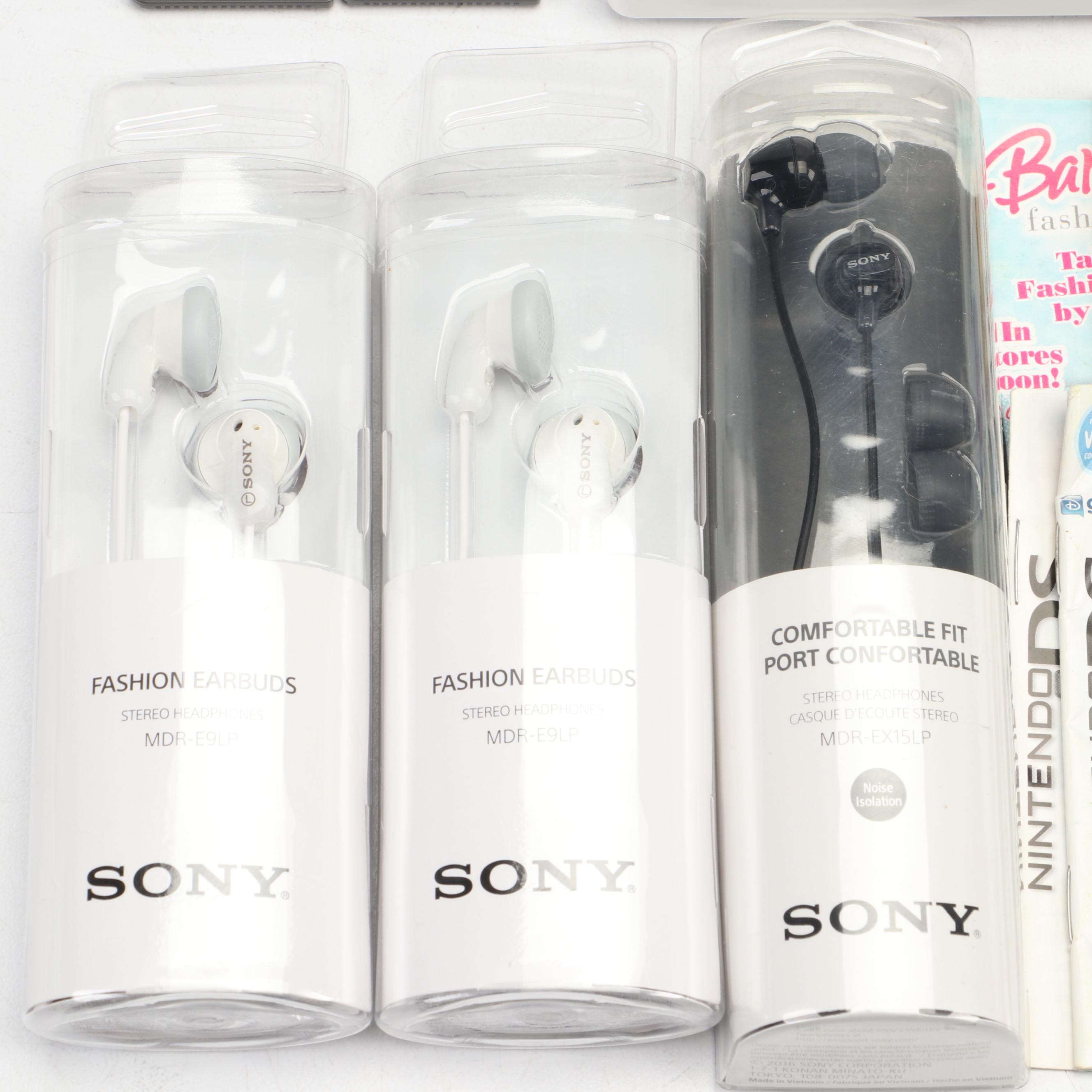 Nintendo DS Game Console with Sony Stereo Earbuds and More