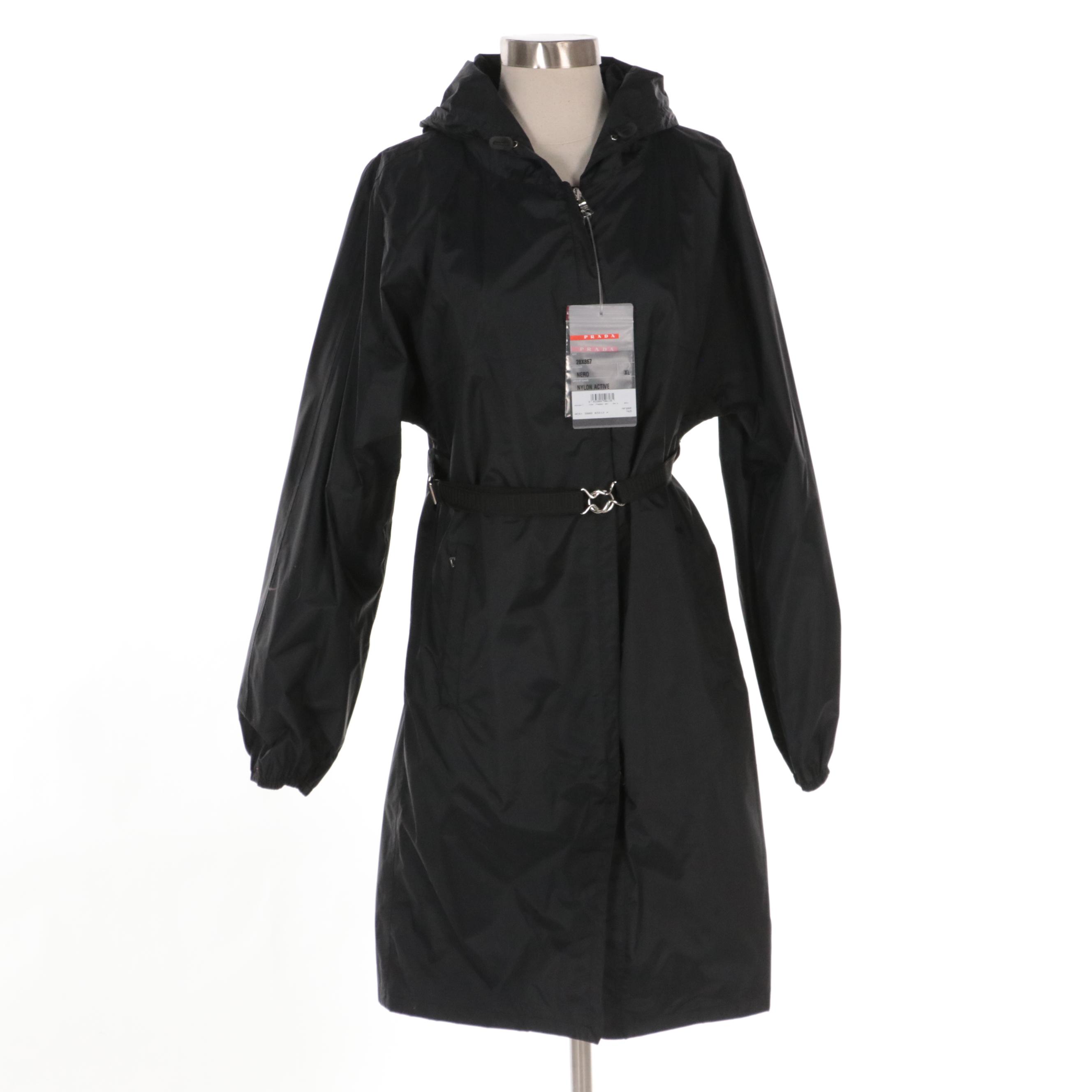 Prada Belted Black Nylon Hooded Rain Jacket, With Tags