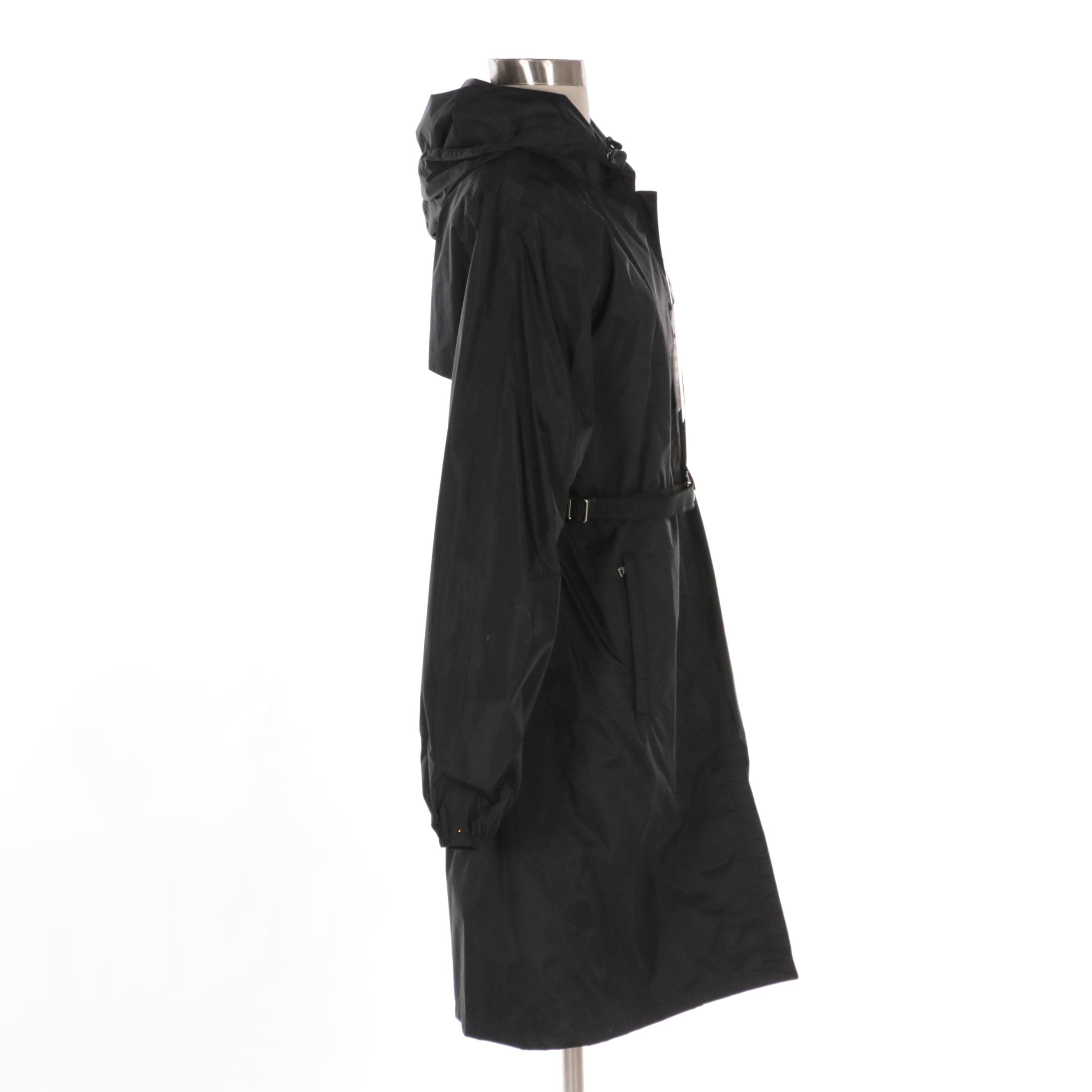 Prada Belted Black Nylon Hooded Rain Jacket, With Tags