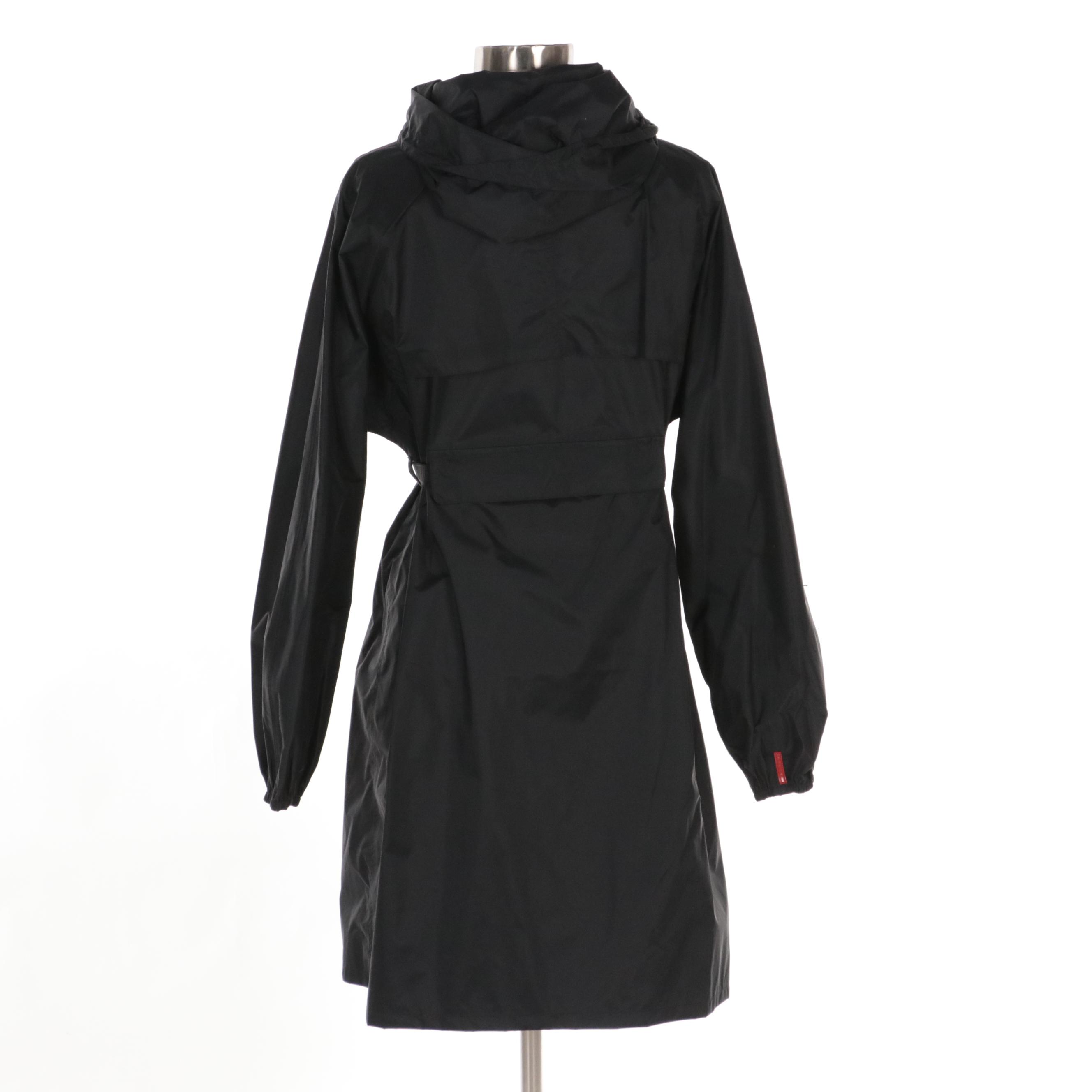 Prada Belted Black Nylon Hooded Rain Jacket, With Tags