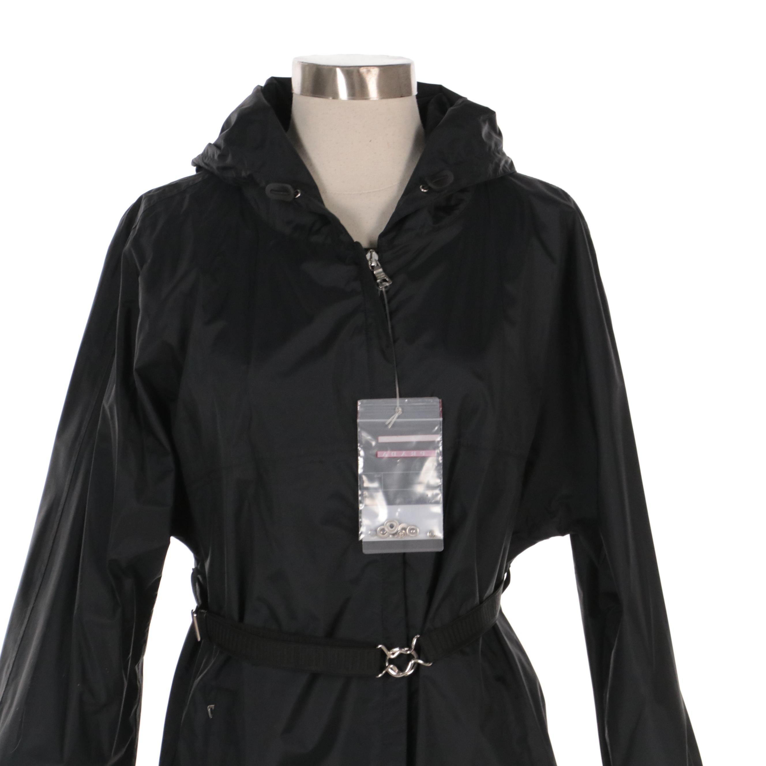 Prada Belted Black Nylon Hooded Rain Jacket, With Tags